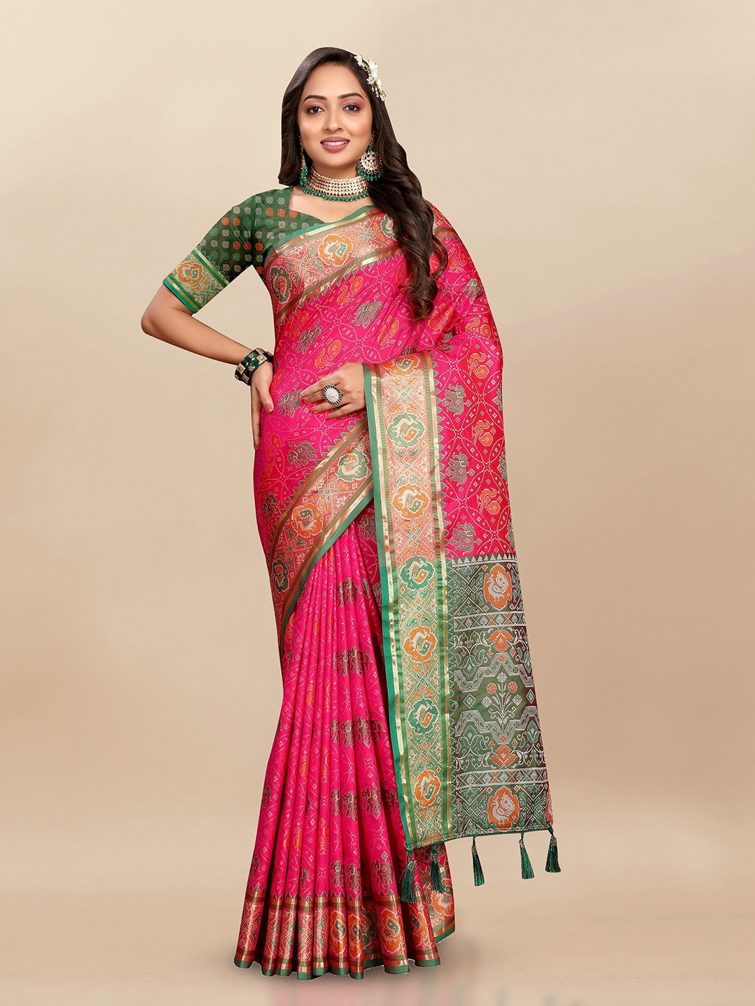 

bansari textiles Woven Design Printed Zari Patola Saree, Pink