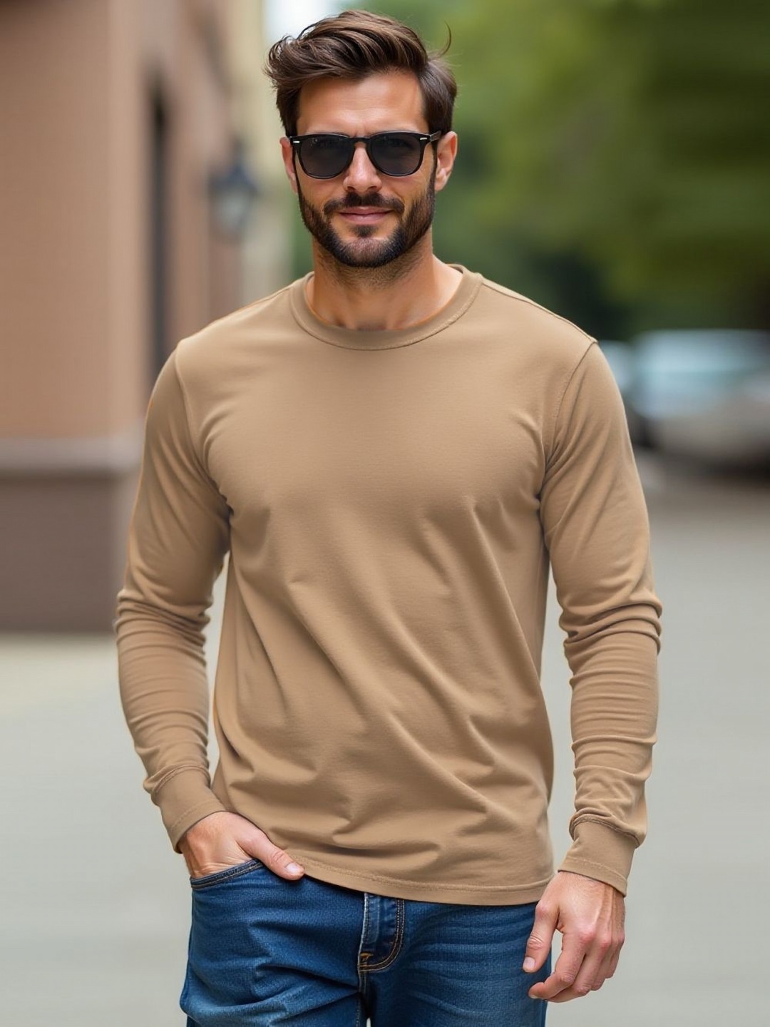 

CLAFOUTIS Men Solid Round Neck Cotton T-shirt, Beige