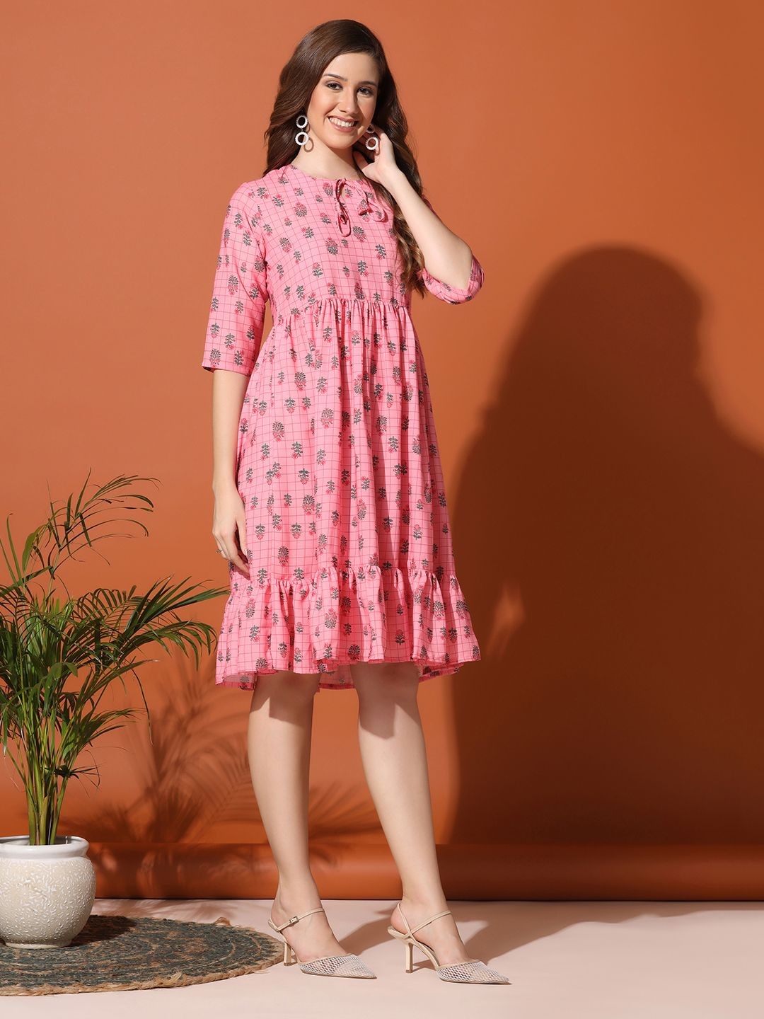 

Moda Rapido Women Floral Print Tie-Up Neck Fit & Flare Dress, Pink
