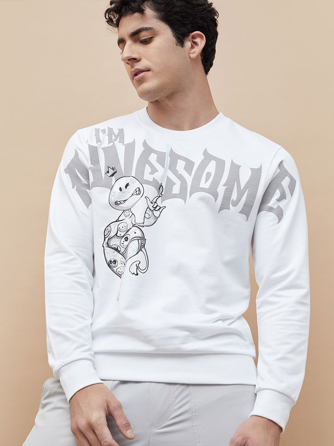 

SmileyWorld Men Printed Round Neck Pullover Cotton Sweatshirt, White