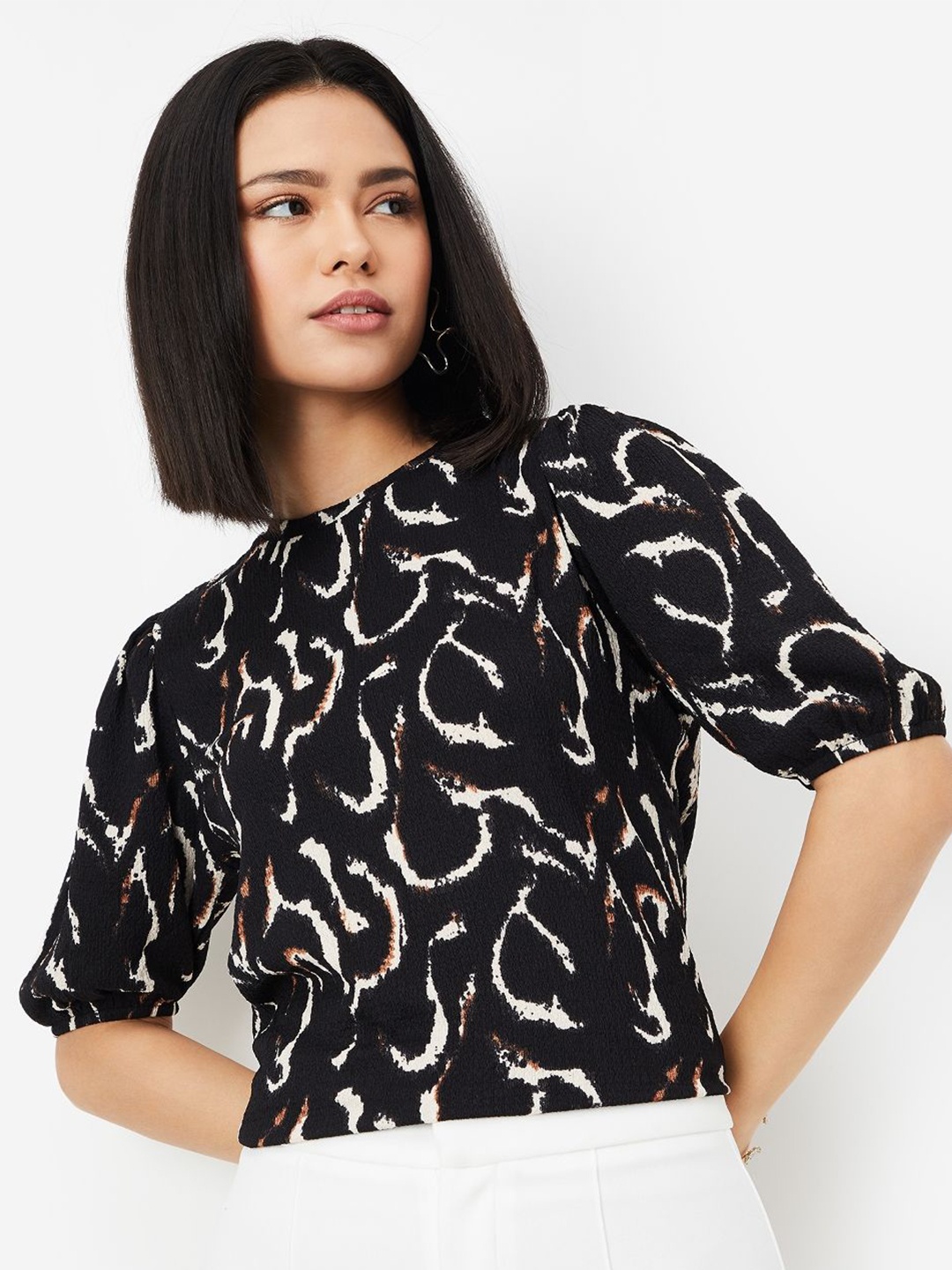 

max Print Puff Sleeve Top, Black