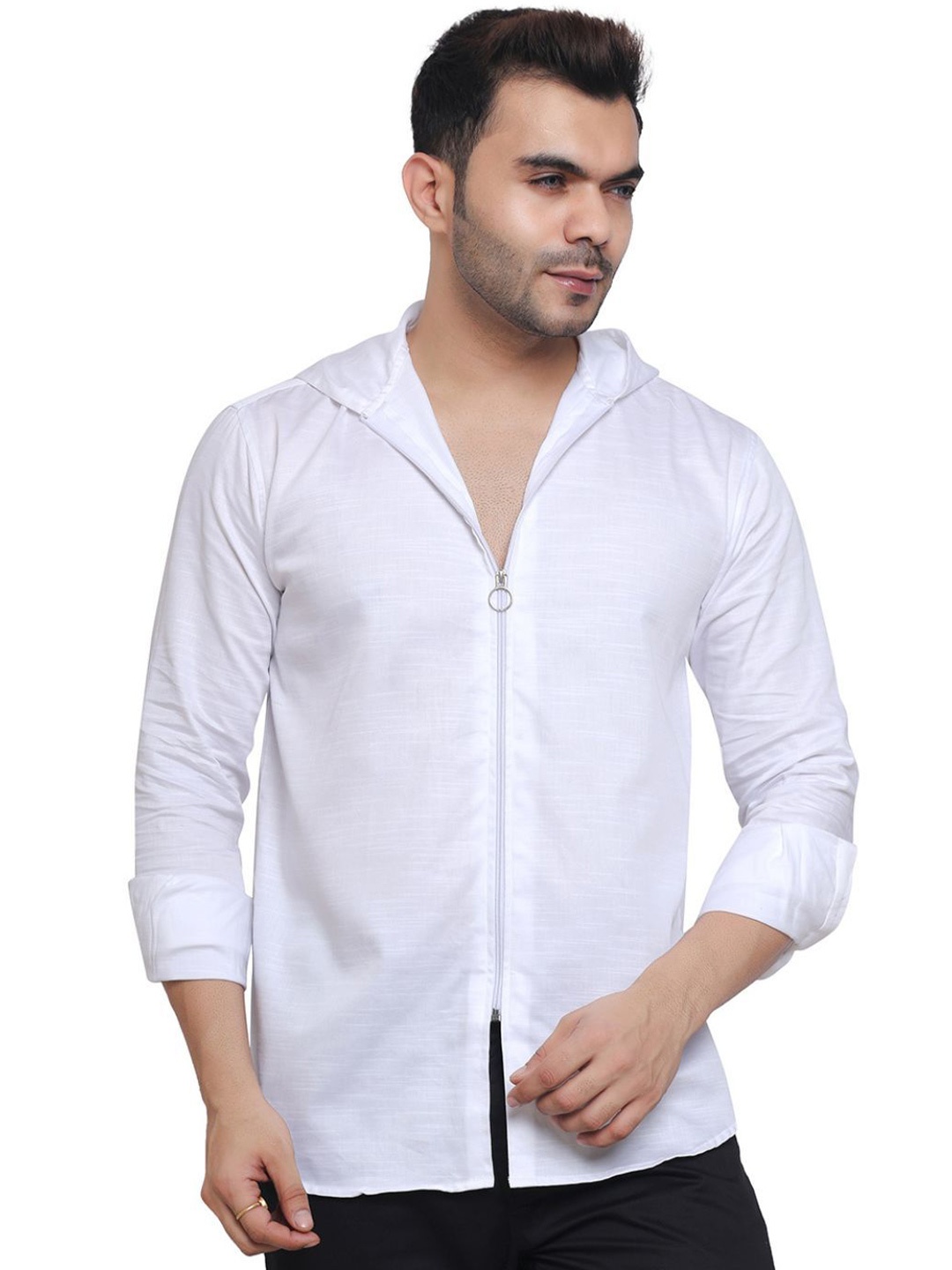 

Mculine Men Standard Fit Hood Solid Cotton Casual Shirt, White
