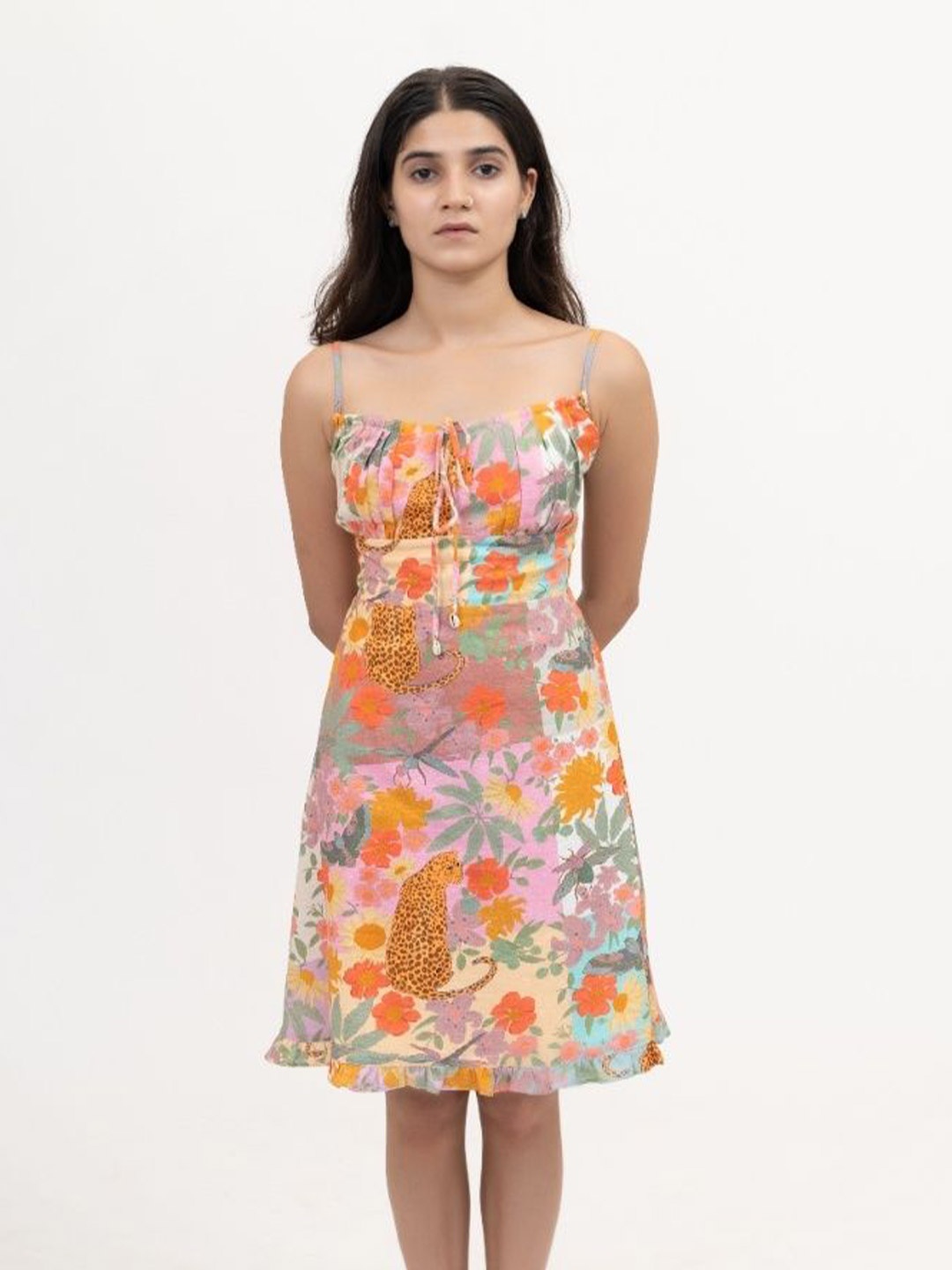 

LABEL SUGAR Women Floral Printed Smocked Organic Cotton A-Line Mini Dress, Orange