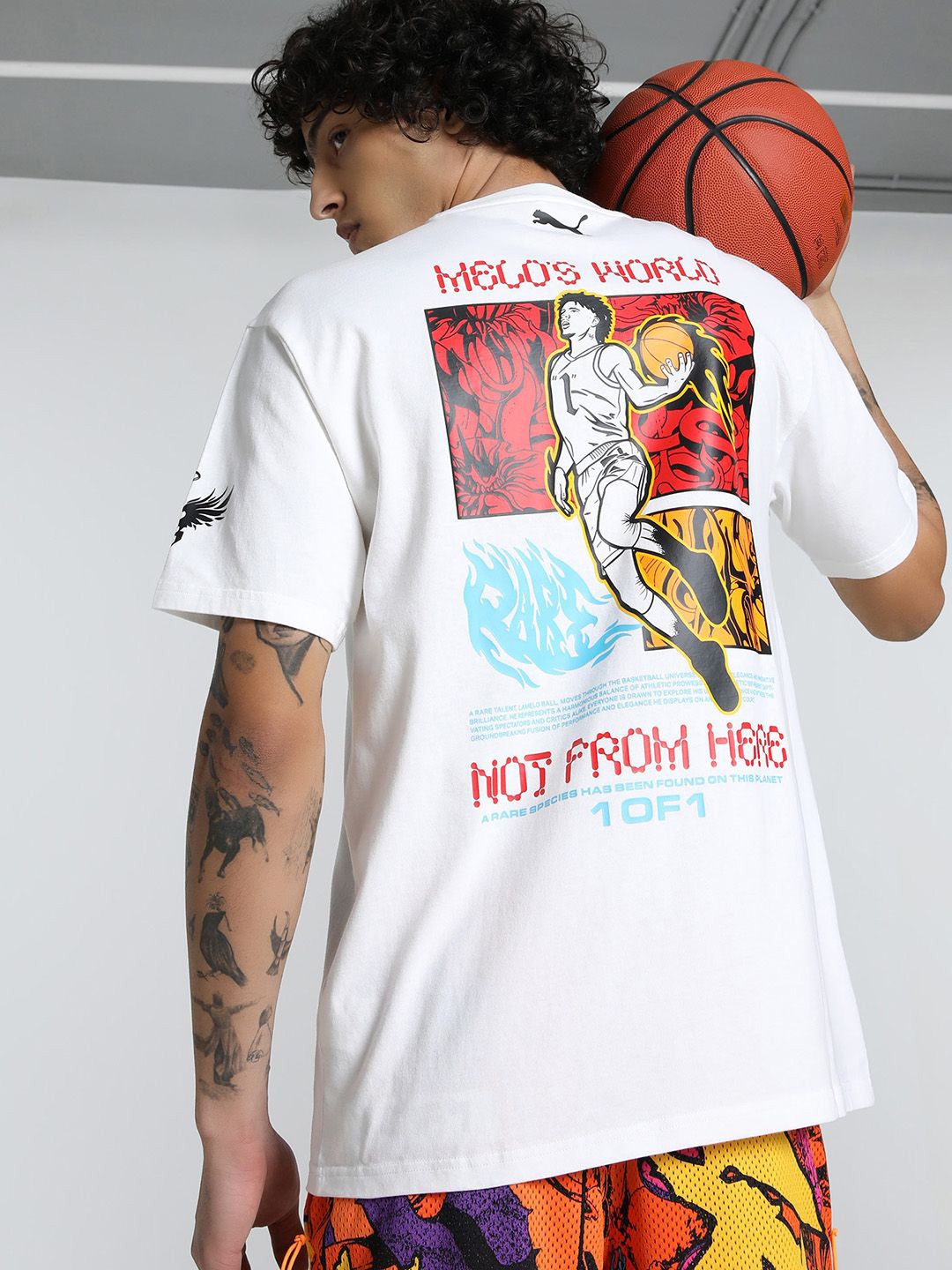 

Puma Men Melo Phoenix Printed Pure Cotton Oversized Fit Basketball T-Shirt, White