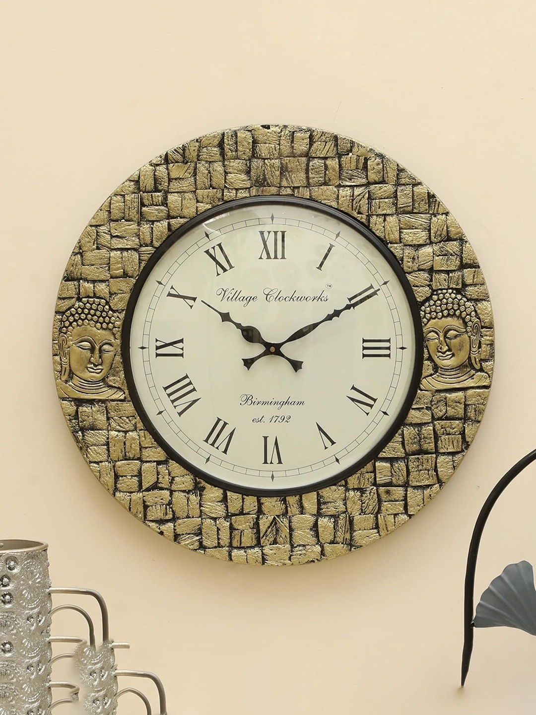 

vedas C-Paduma Gold-Toned & White Round Buddha Heritage Wooden Polished Wall Clock