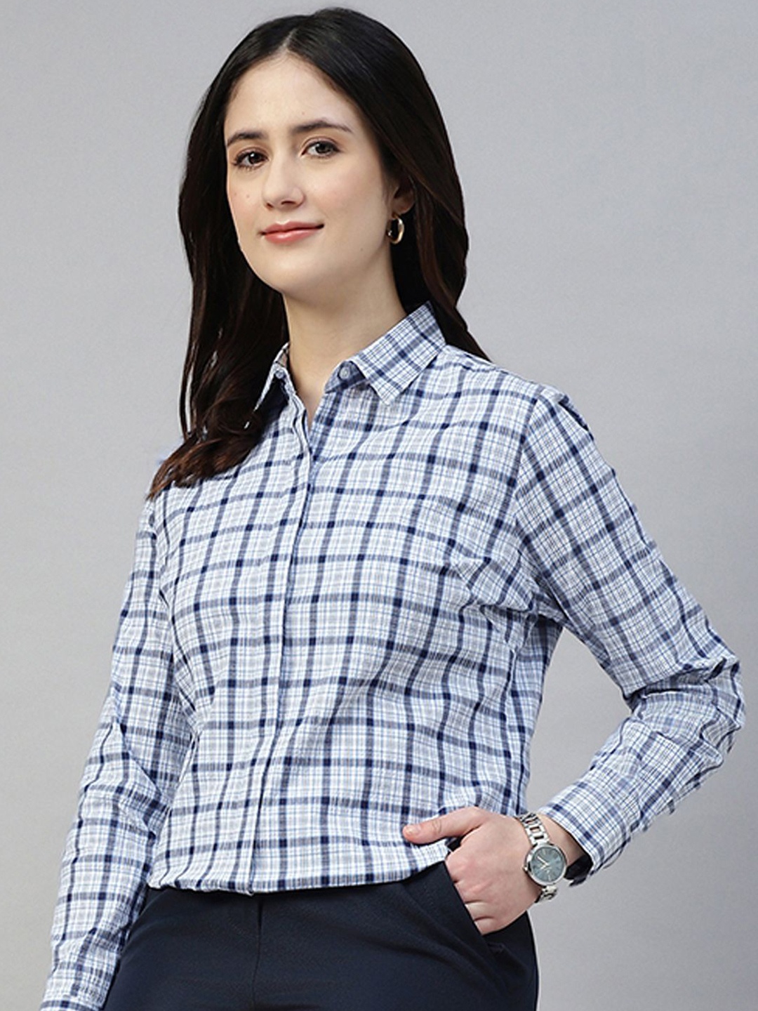 

Hancock Women Classic Fit Spread Collar Tartan Checked Cotton Formal Shirt, White