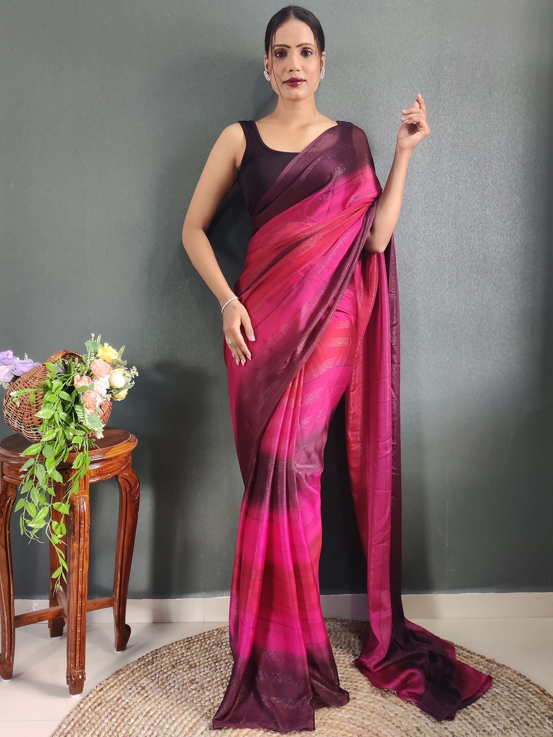 

bansari textiles Striped Jute Silk Saree, Pink