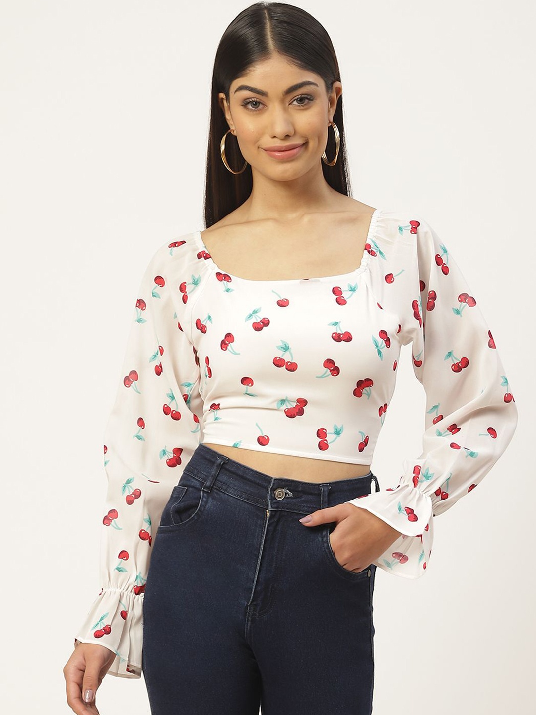 

Moda Rapido Printed Bell Sleeve Cinched Waist Crop Top, White