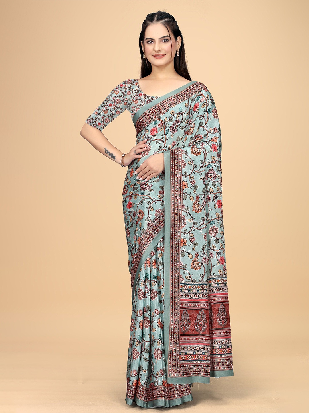 

K 5 Fashion Floral Pure Crepe Saree, Blue