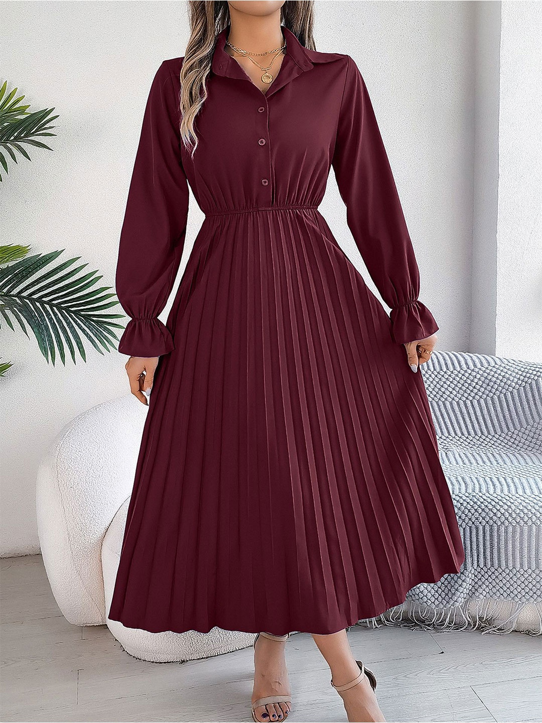 

StyleCast x Revolte Women Shirt Collar Fit and Flare Midi Dress, Maroon