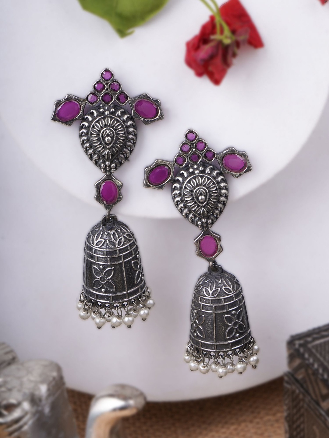 

Sangria Purple Silver-Plated Artificial Stones Studded And Pearls Beaded Jhumkas