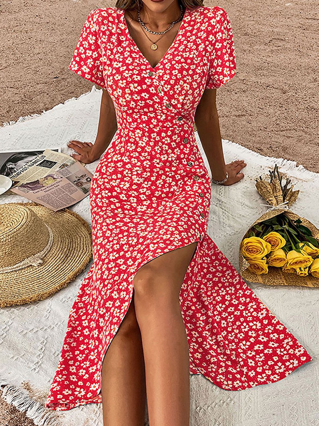 

StyleCast x Revolte Women Floral Printed Bodycon Midi Dress, Red