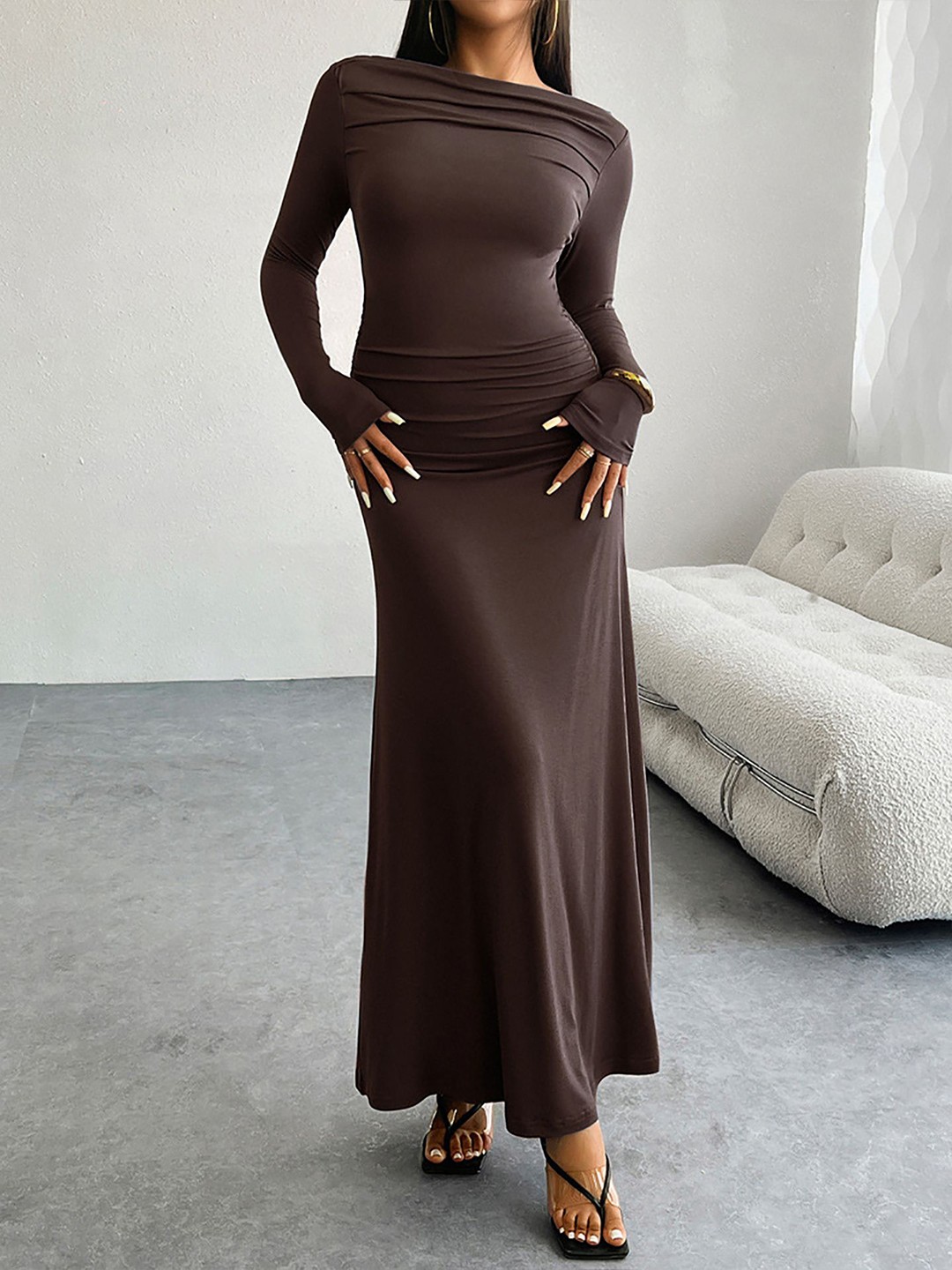 

StyleCast x Revolte Women Boat Neck Bodycon Maxi Dress, Brown