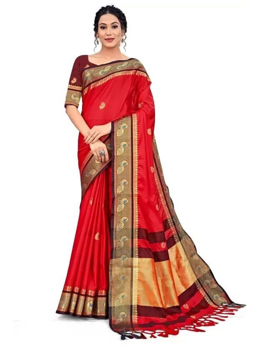 

bansari textiles Ethnic Motifs Woven Design Zari Maheshwari Saree, Red