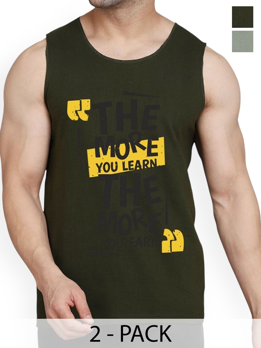 

WOOSTRO Men Pack Of 2 Cotton Printed Gym Vest, Green