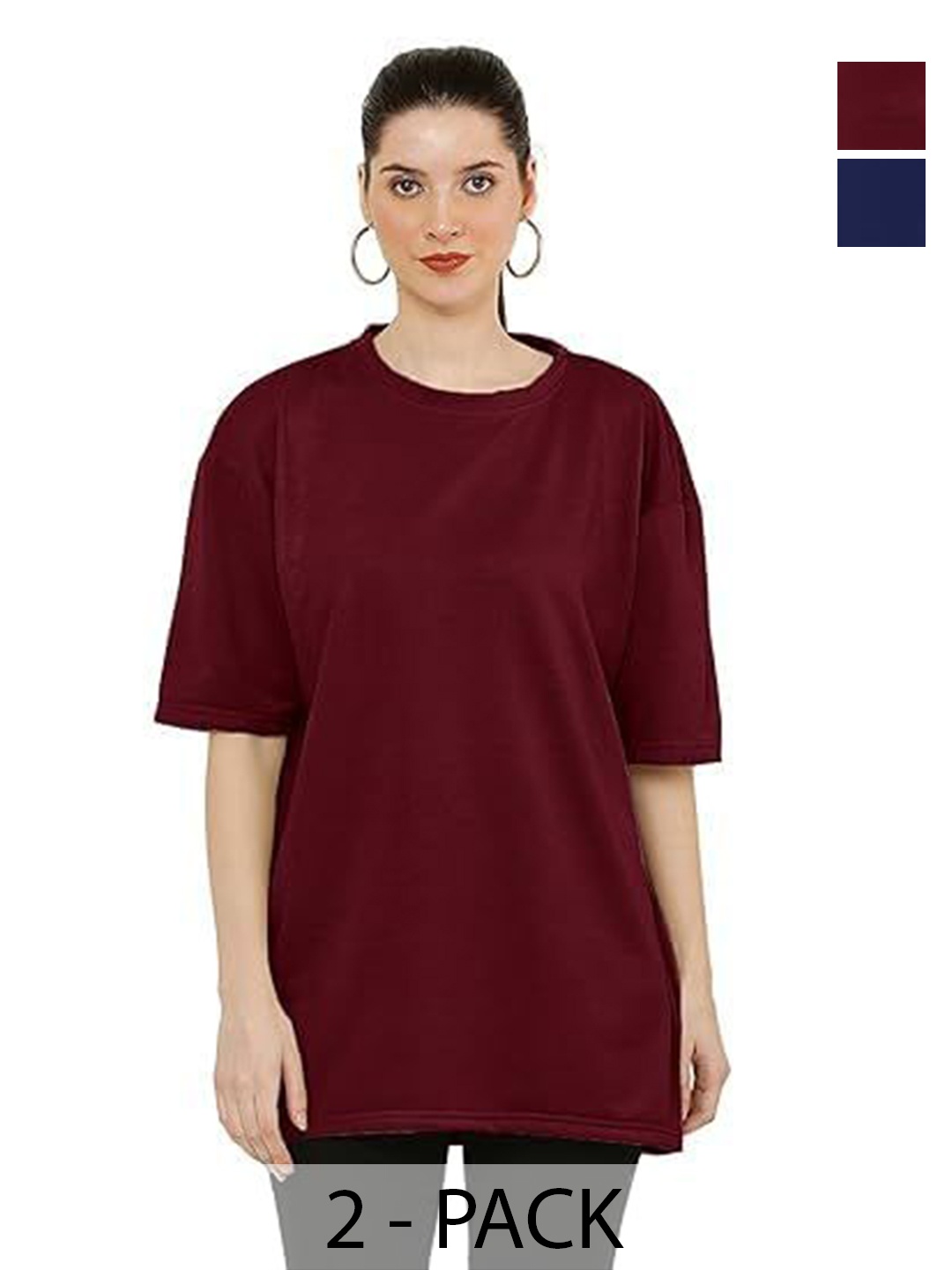 

NOTWILD Women Pack Of 2 Solid Round Neck Cotton T-shirts, Maroon