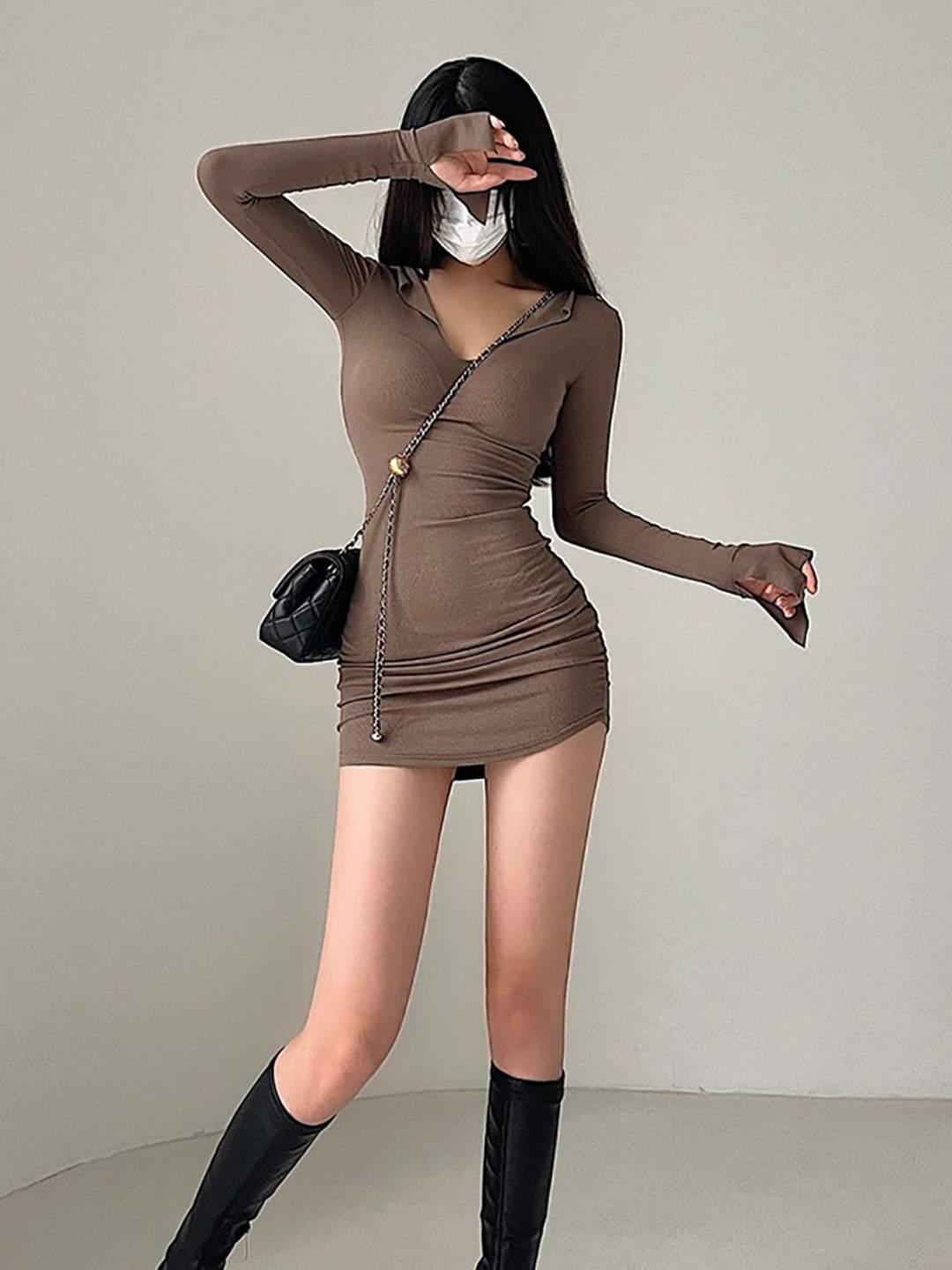 

StyleCast x Revolte V-Neck Bodycon Mini Dress, Brown