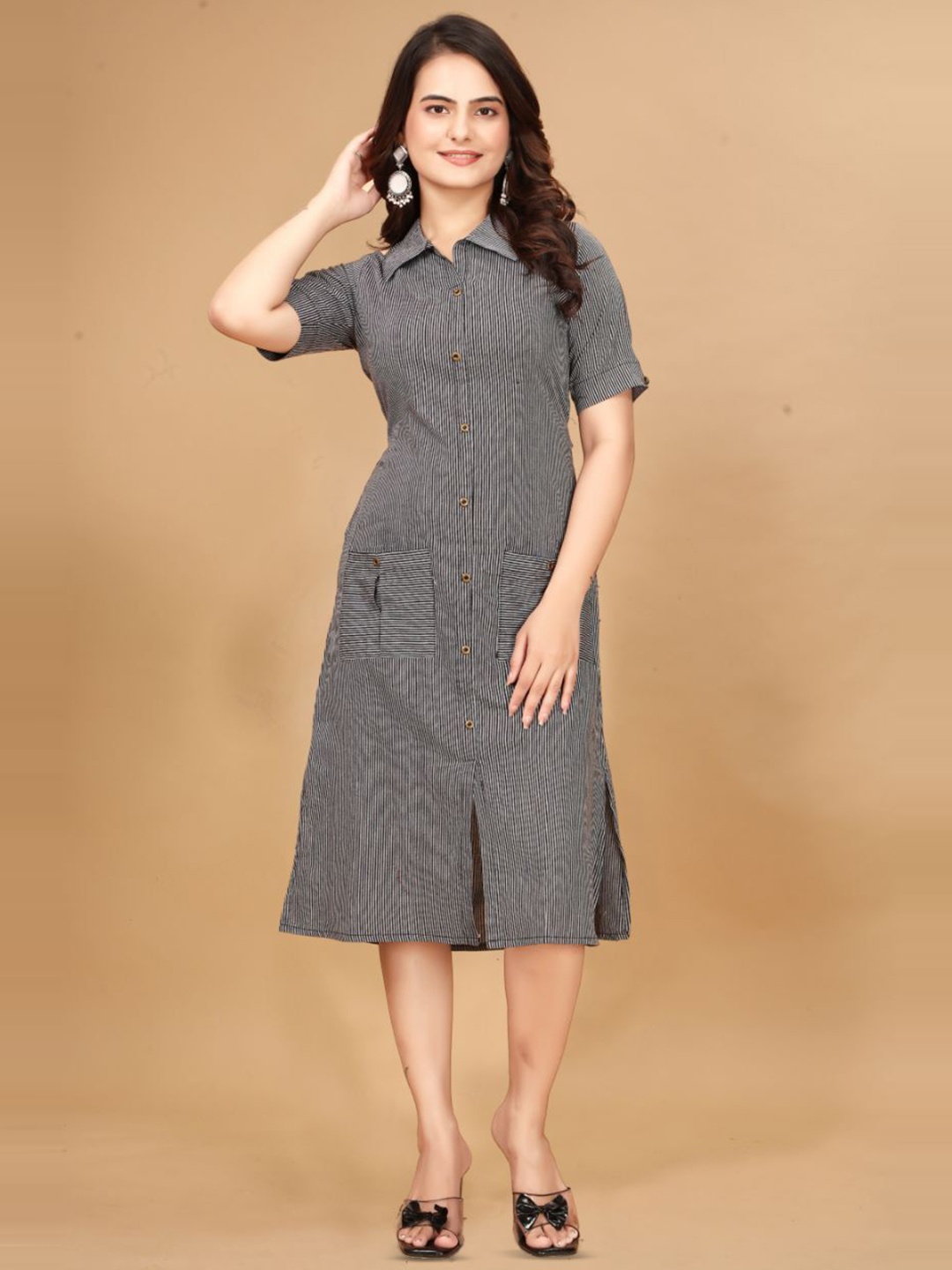 

DressBerry Women Striped Cotton Shirt Dress, Grey