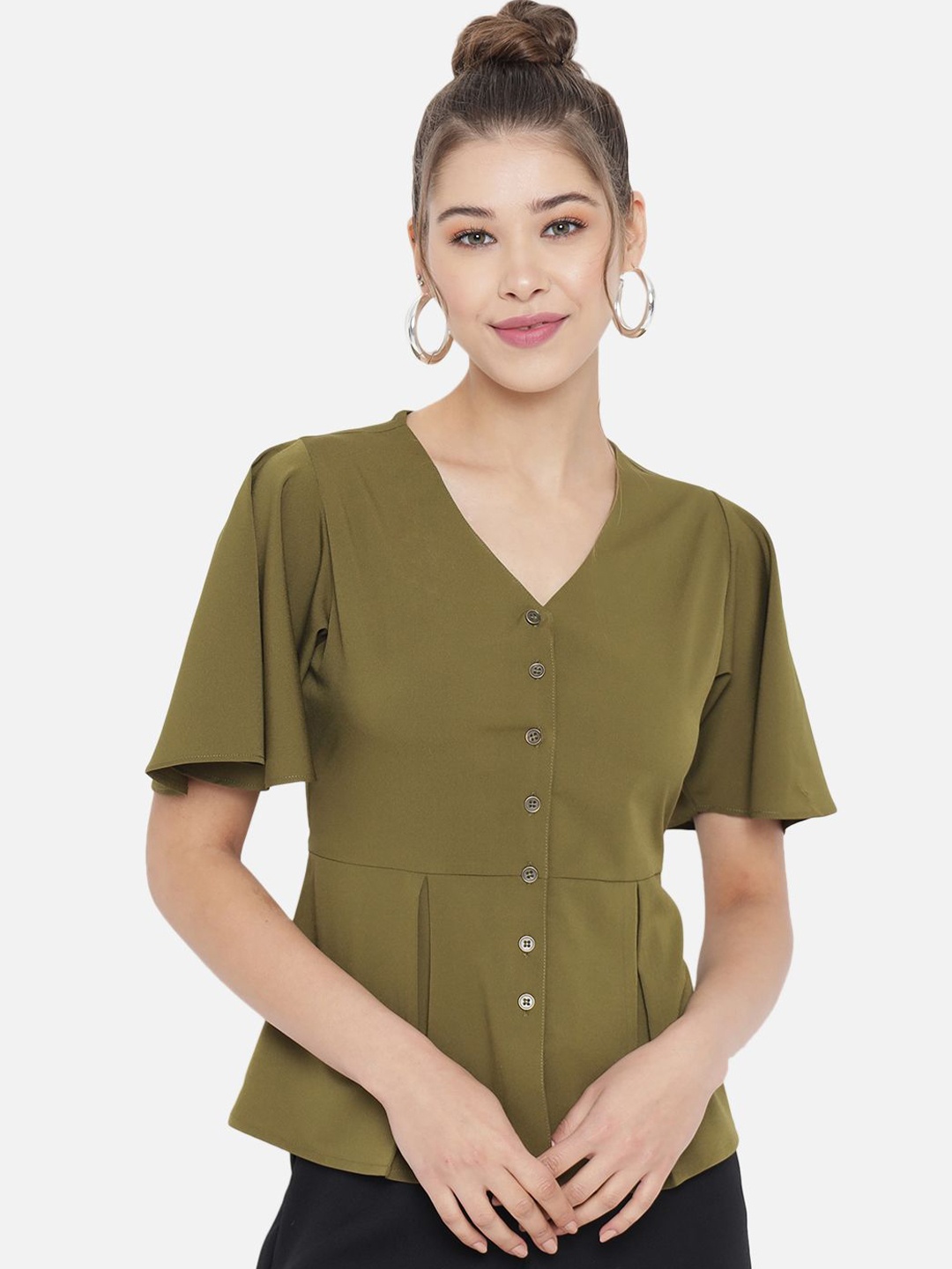 

Moda Rapido Flared Sleeve Crepe Peplum Top, Olive