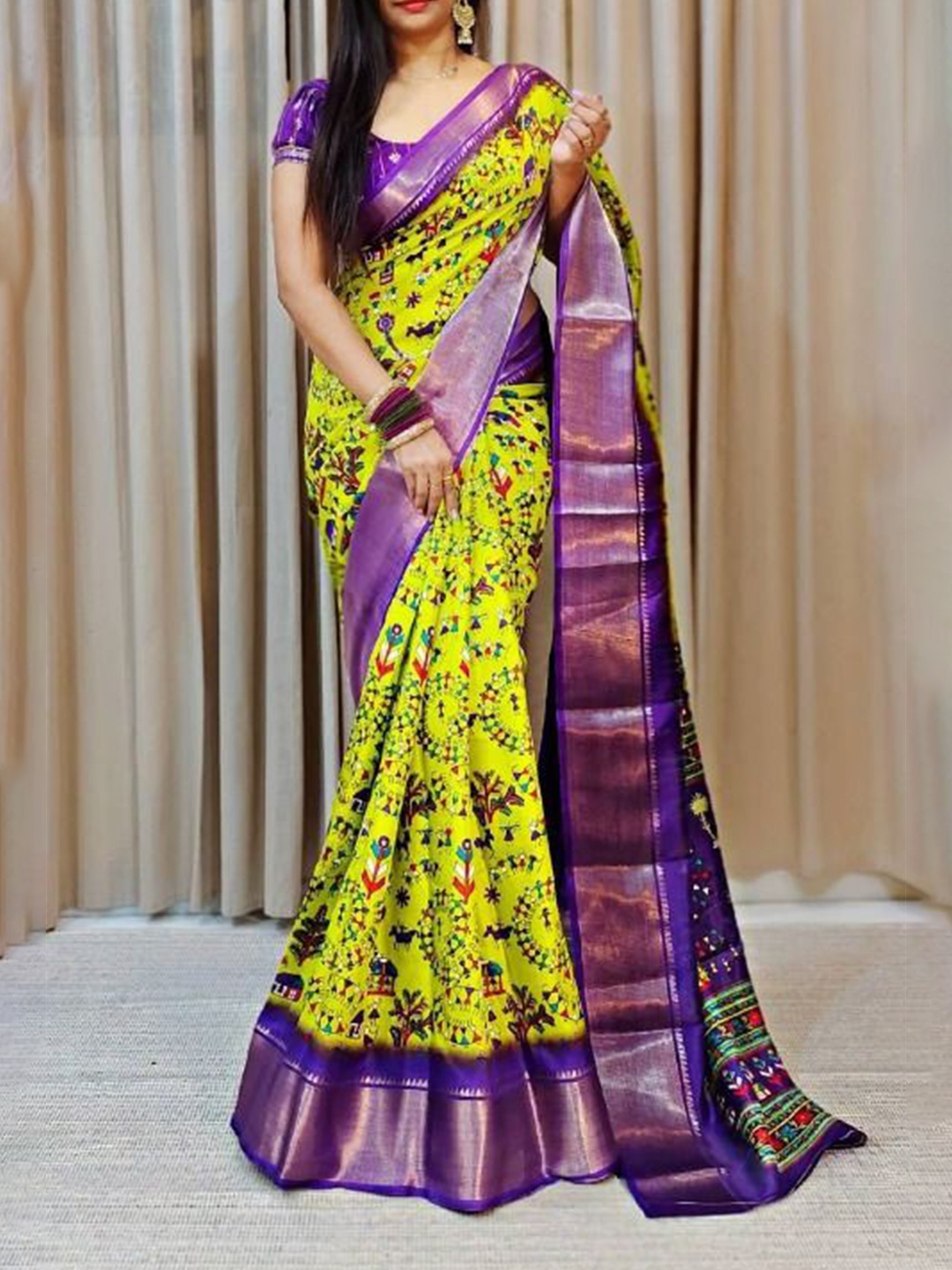 

bansari textiles Warli Printed Jamdani Saree, Green