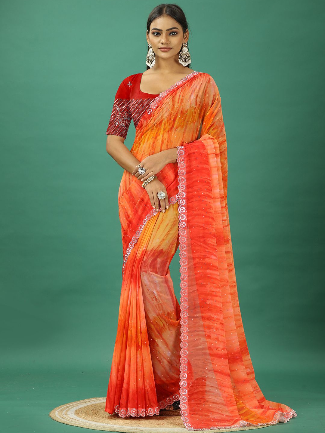 

NIRMAL CREATION Beads and Stones Pure Georgette Saree, Orange