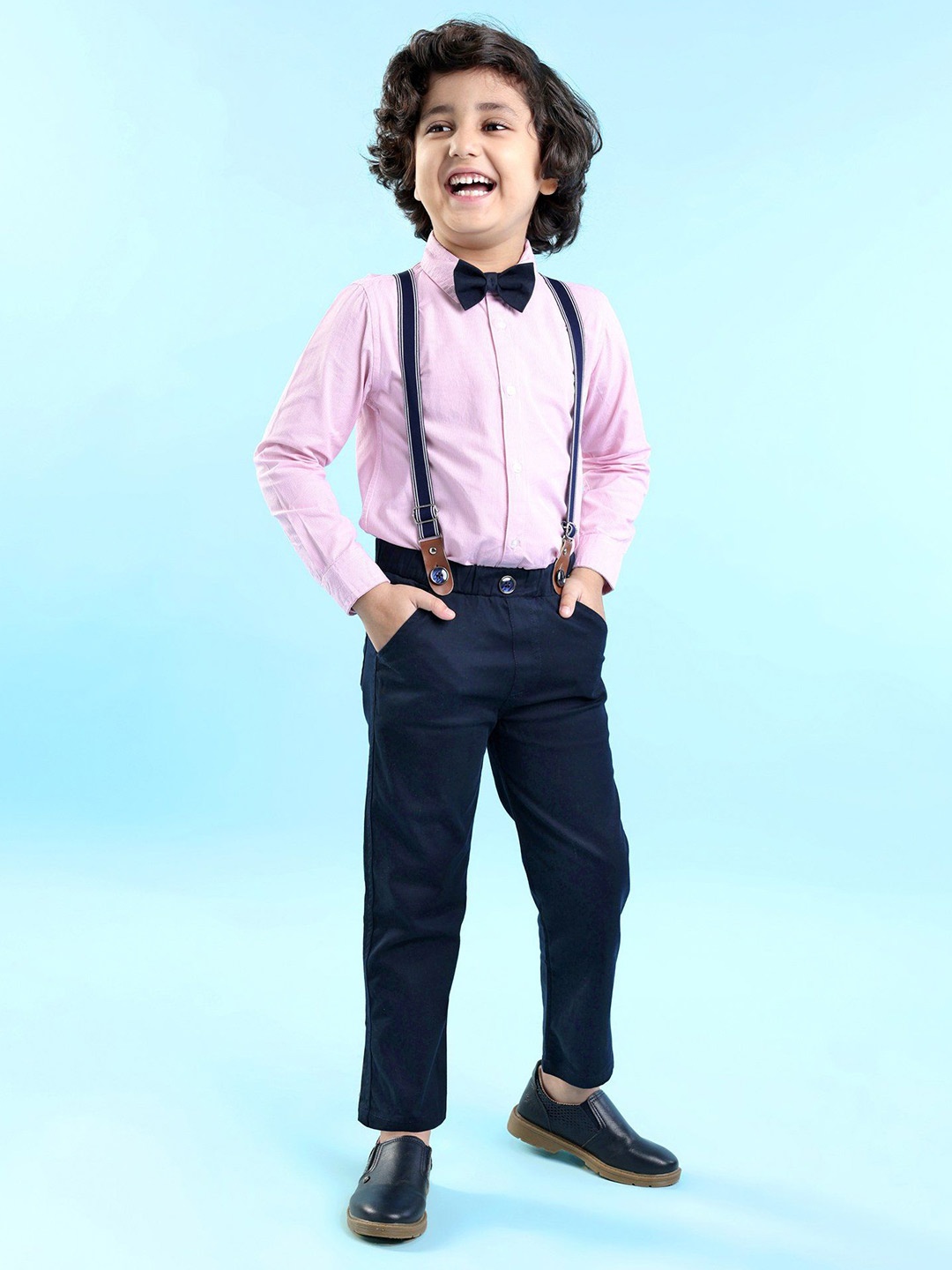 

Mark & Mia Boys Striped Shirt With Trouser & Suspender, Pink