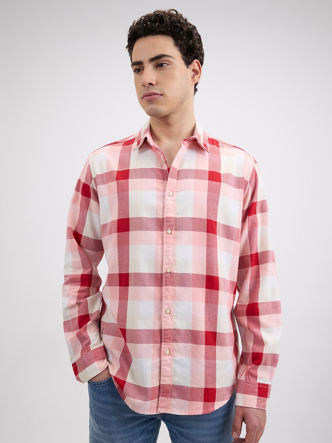 

Pepe Jeans Men Spread Collar Tartan Checked Cotton Casual Shirt, Red