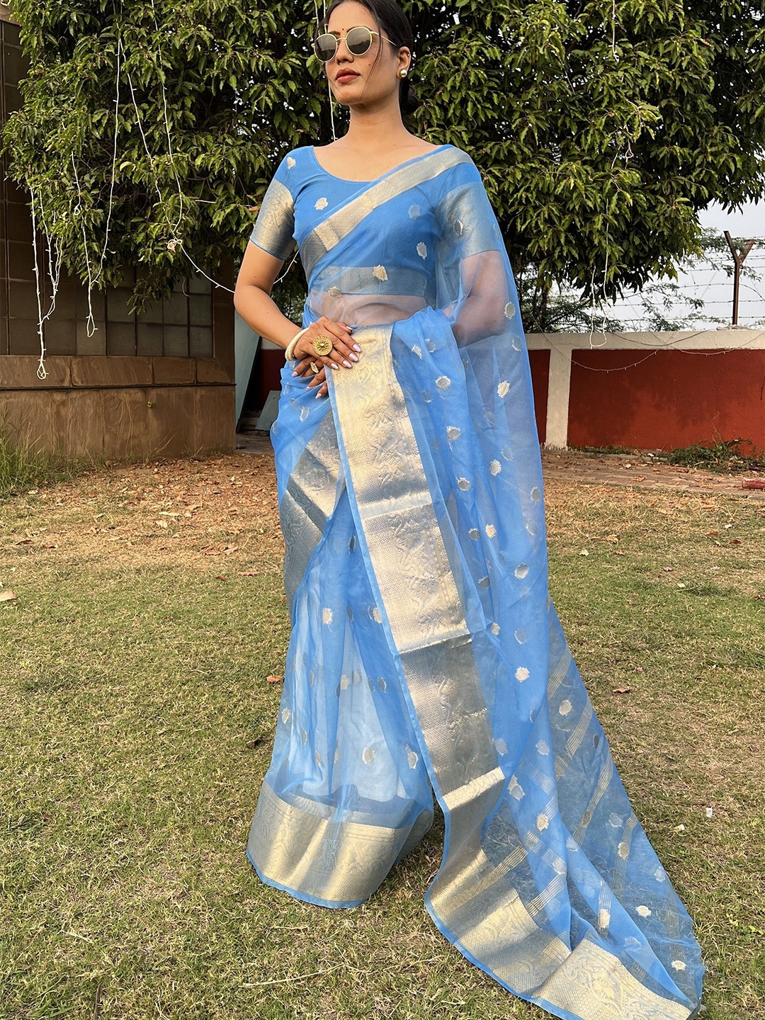 

bansari textiles Woven Design Zari Organza Kota Saree, Blue