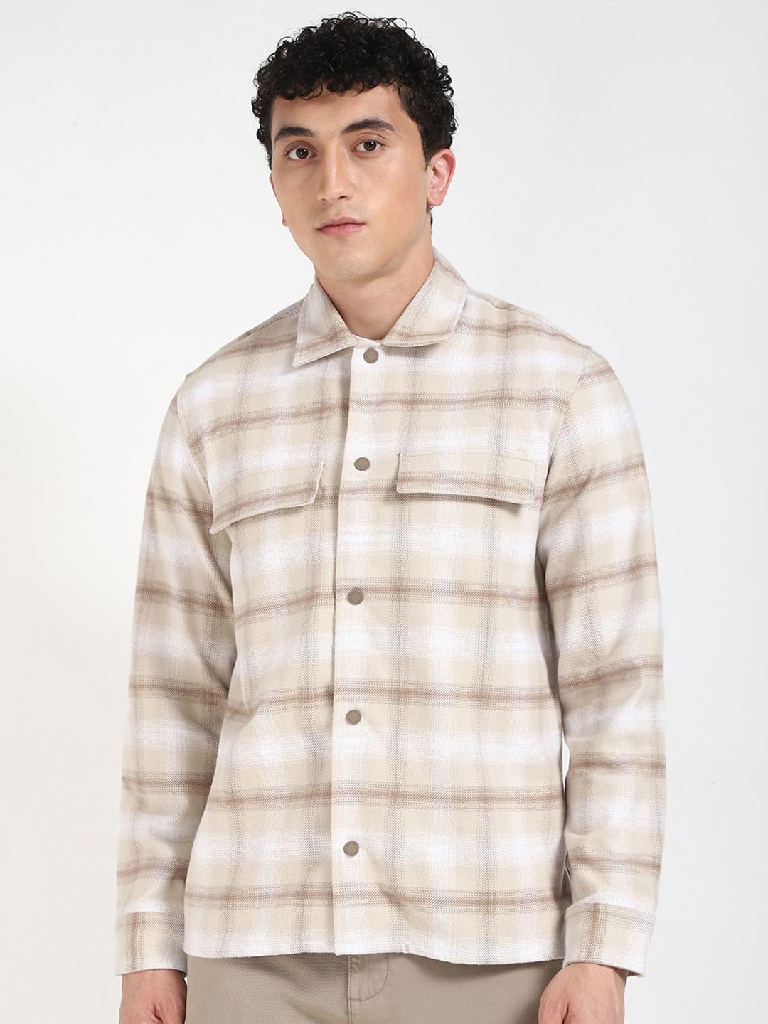 

Calvin Klein Men Boxy Fit Spread Collar Checked Cotton Casual Shirt, Beige