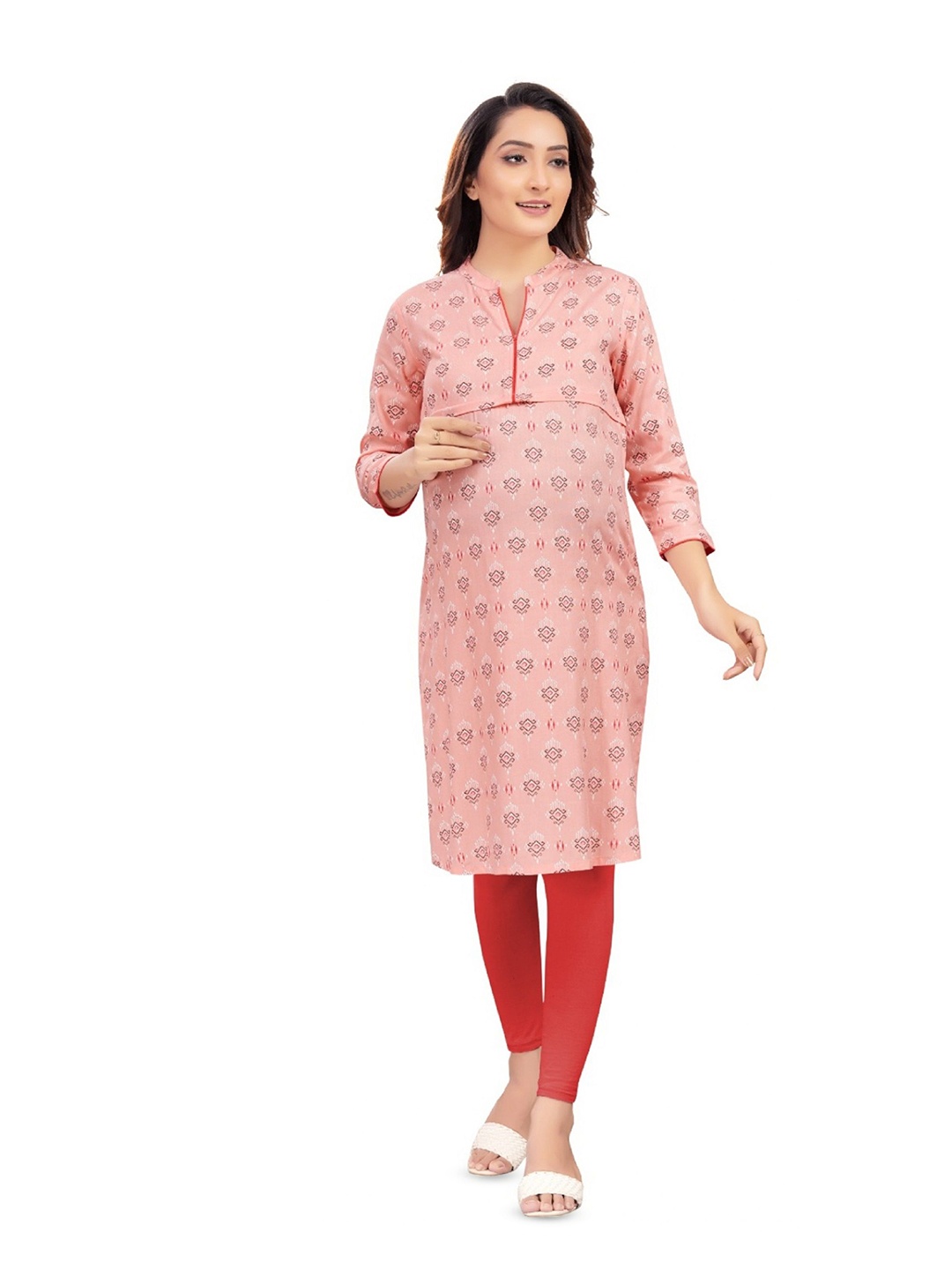 

mama & bebe Printed Knee Length Maternity Kurta With Zip, Peach