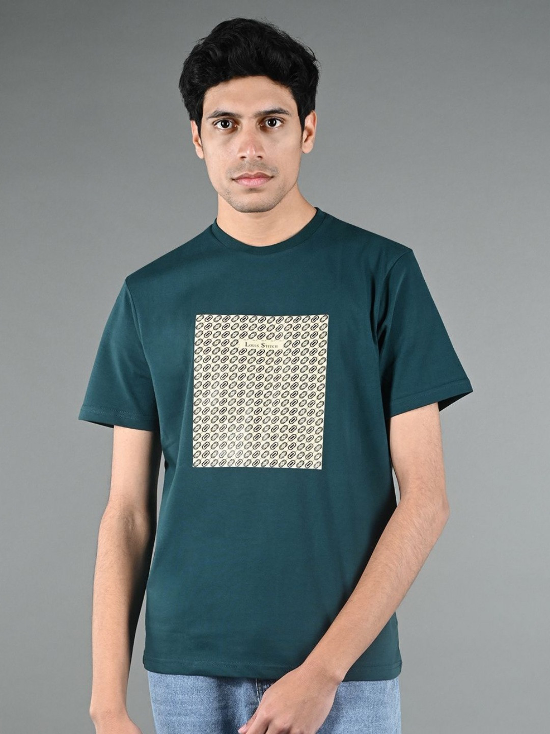 

LOUIS STITCH Men Abstract Printed Round Neck Cotton T-shirt, Teal
