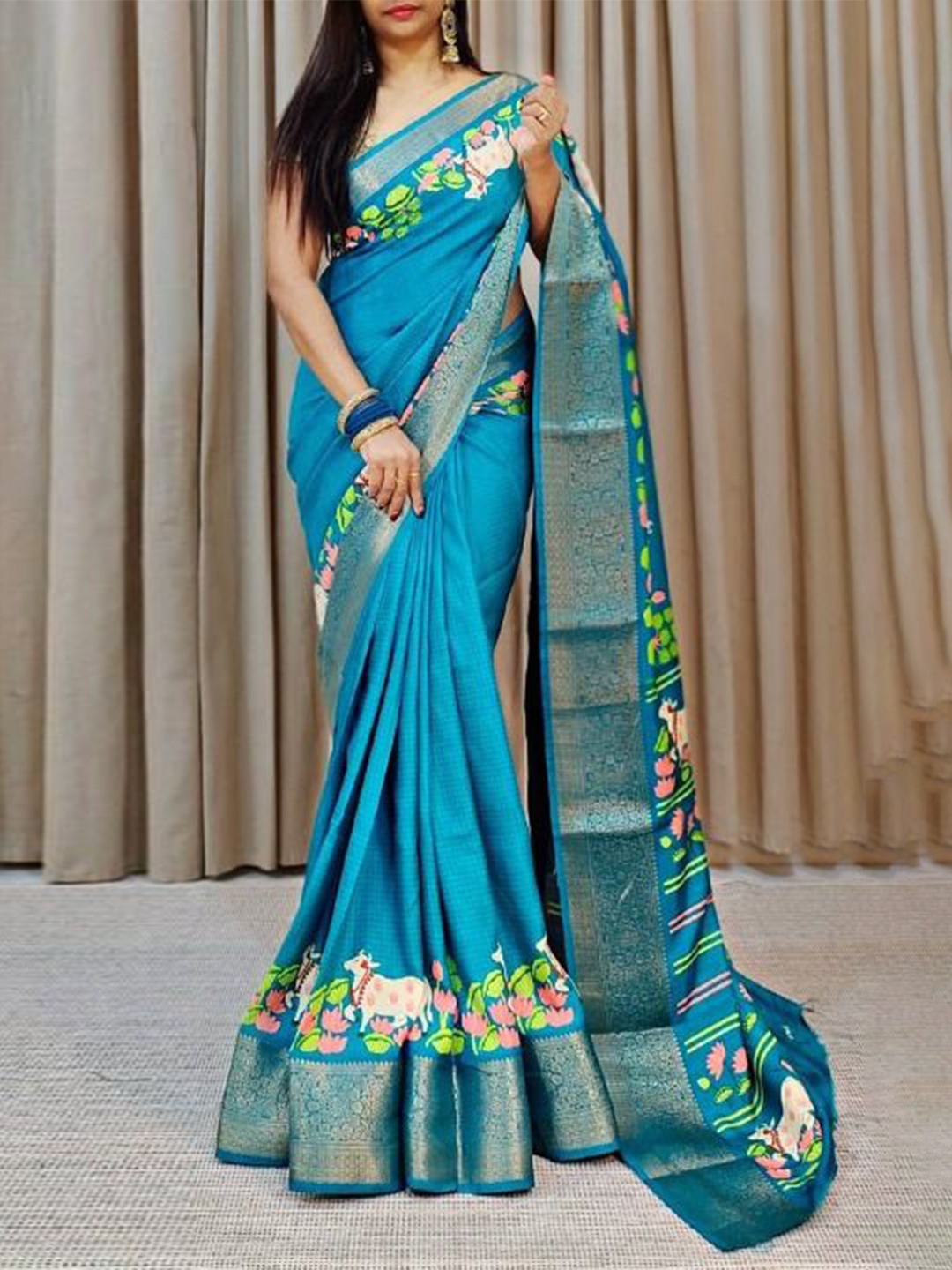 

bansari textiles Silk Cotton Jamdani Saree, Blue
