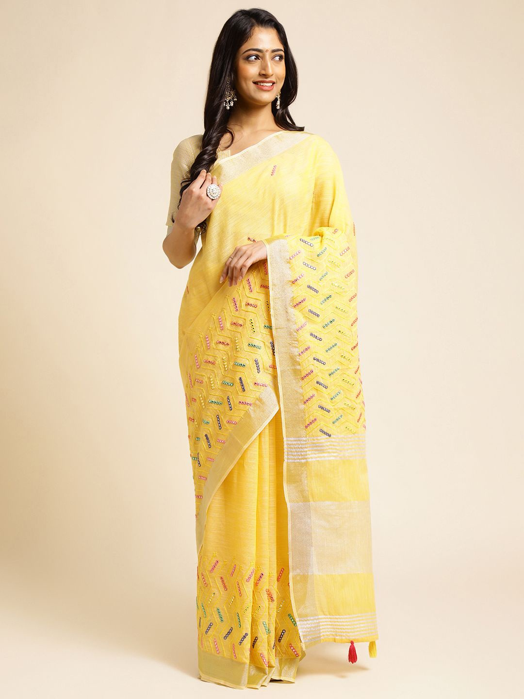 

Blissta Woven Design Mirror Work Linen Blend Handloom Saree, Yellow