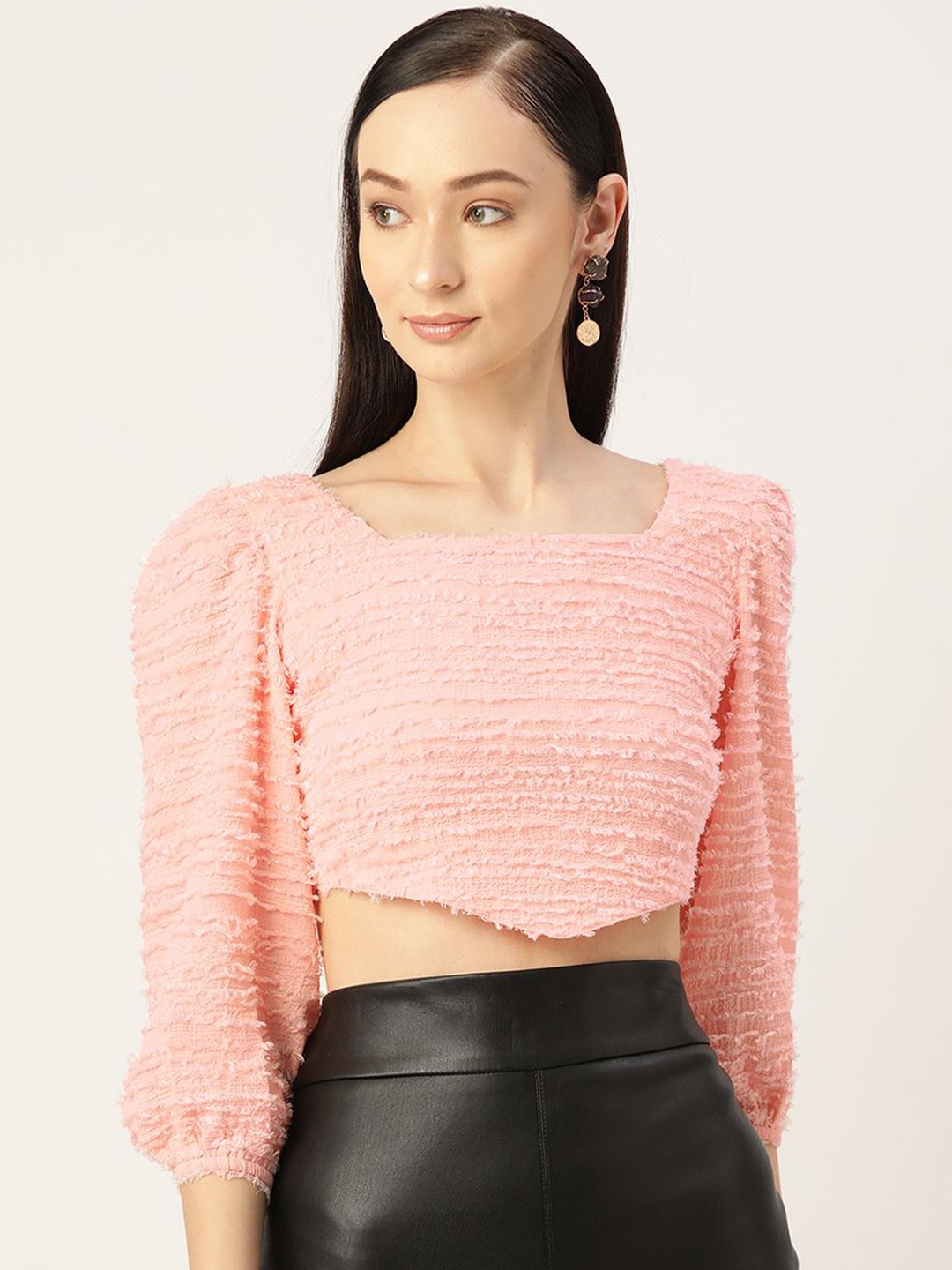 

Moda Rapido Women Puff Sleeve Fitted Crop Top, Peach
