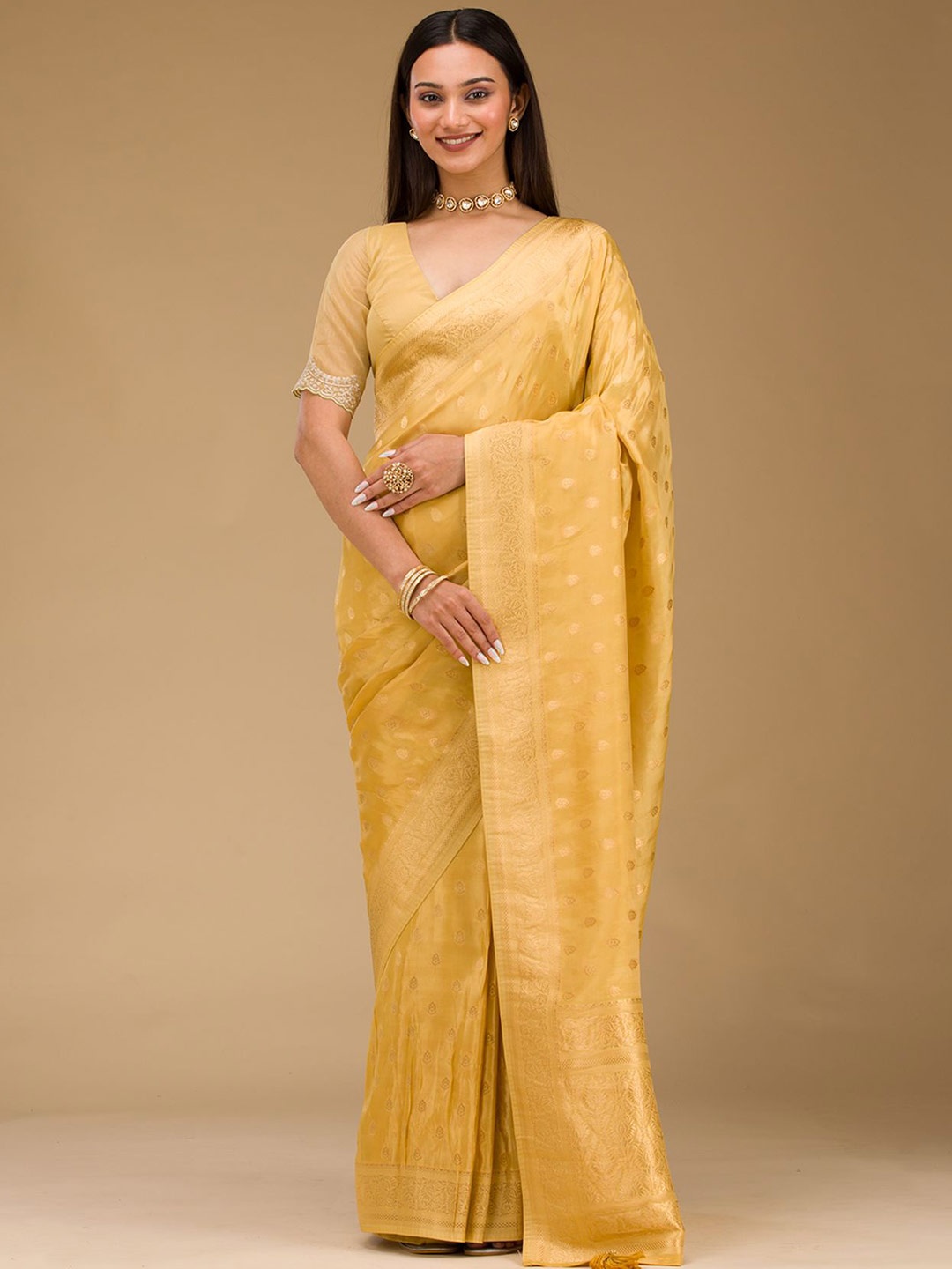 

Koskii Yellow Zariwork Raw Silk Saree