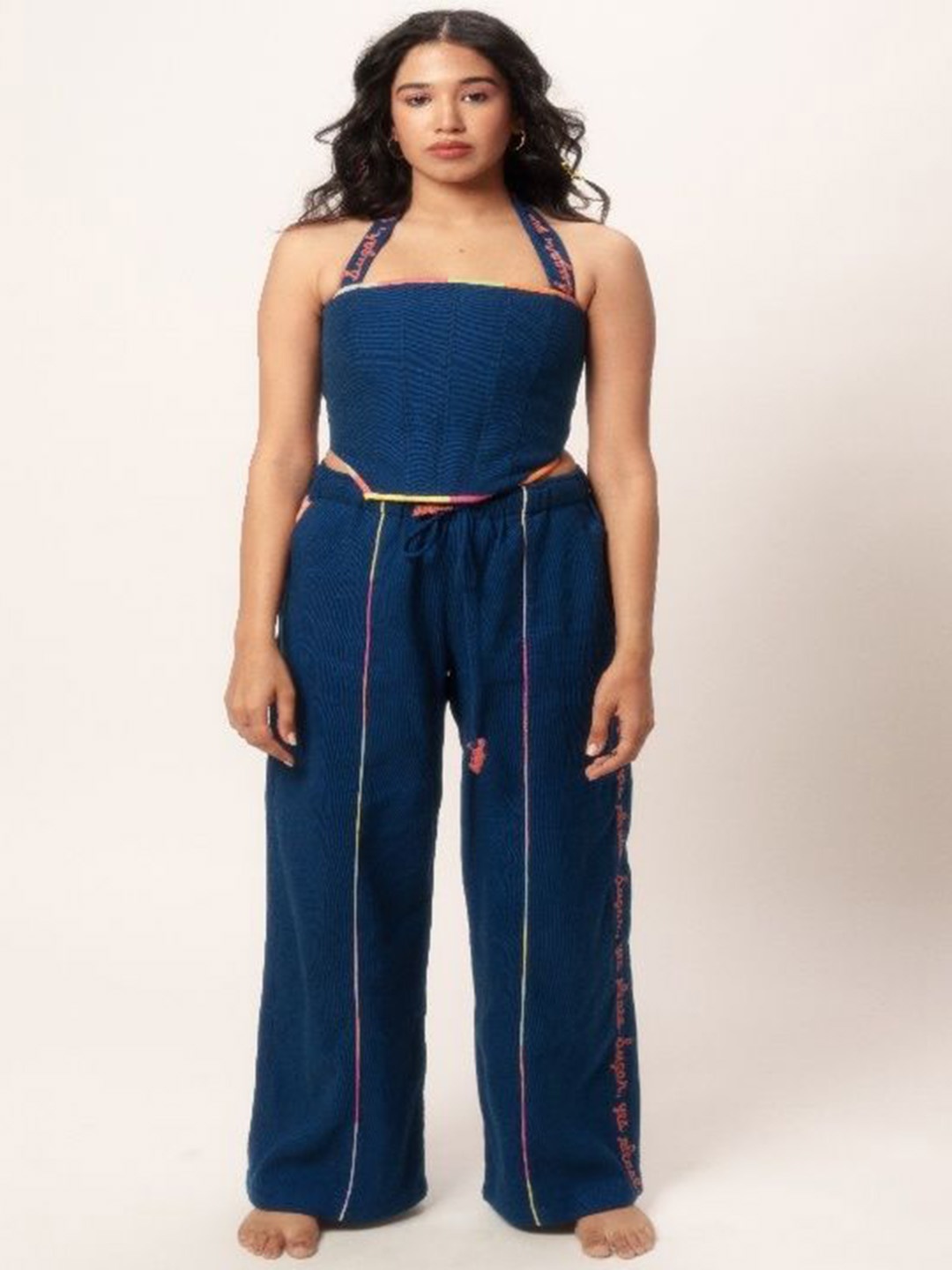 

LABEL SUGAR Navy Blue Halter Neck Pure Cotton Top With Trousers