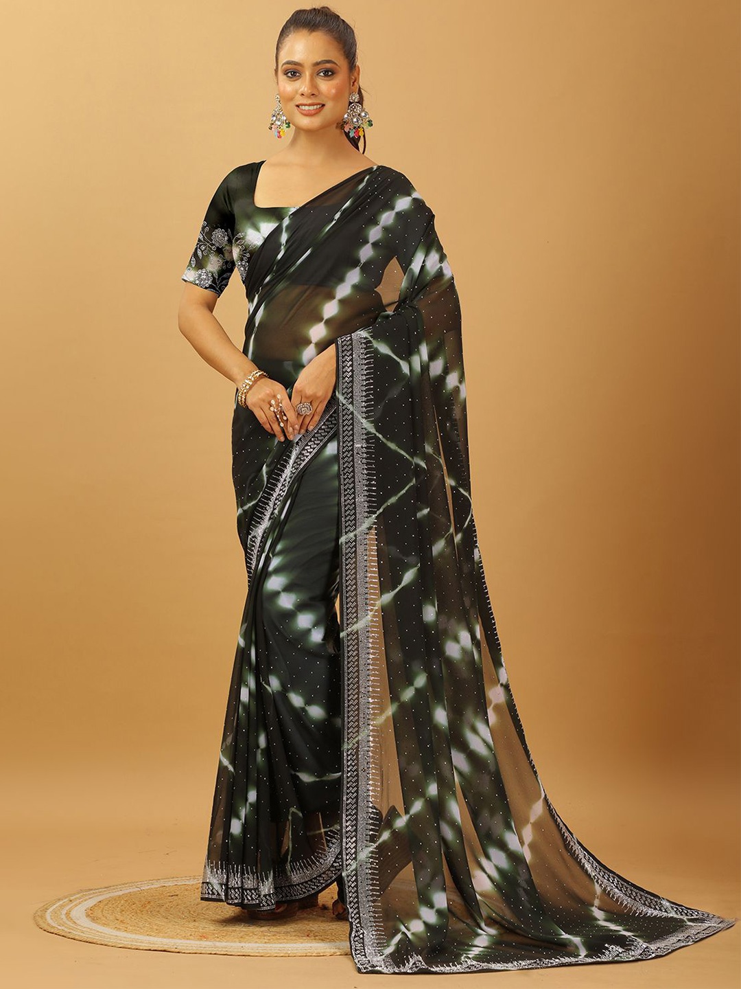 

A.V.M. SILK MILLS Tie and Dye Beads and Stones Pure Georgette Saree, Khaki