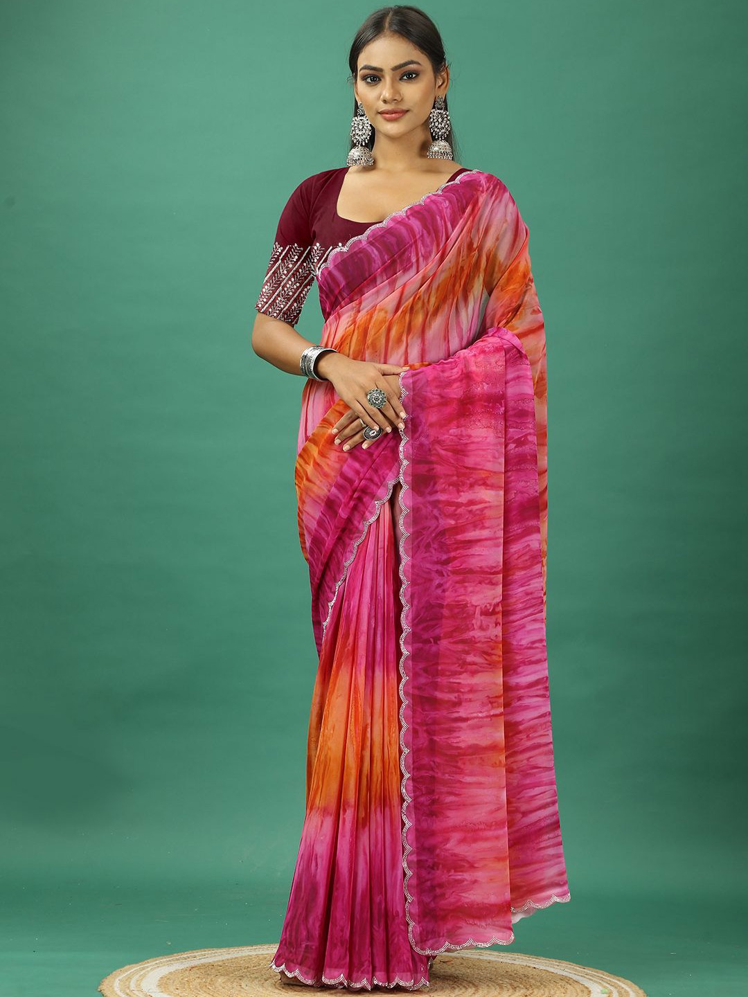 

A.V.M. SILK MILLS Tie and Dye Pure Georgette Saree, Orange