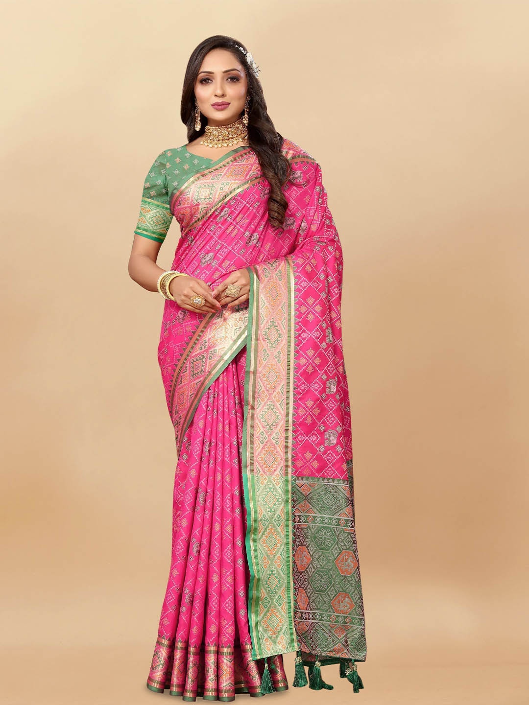 

bansari textiles Woven Design Zari Patola Saree, Pink
