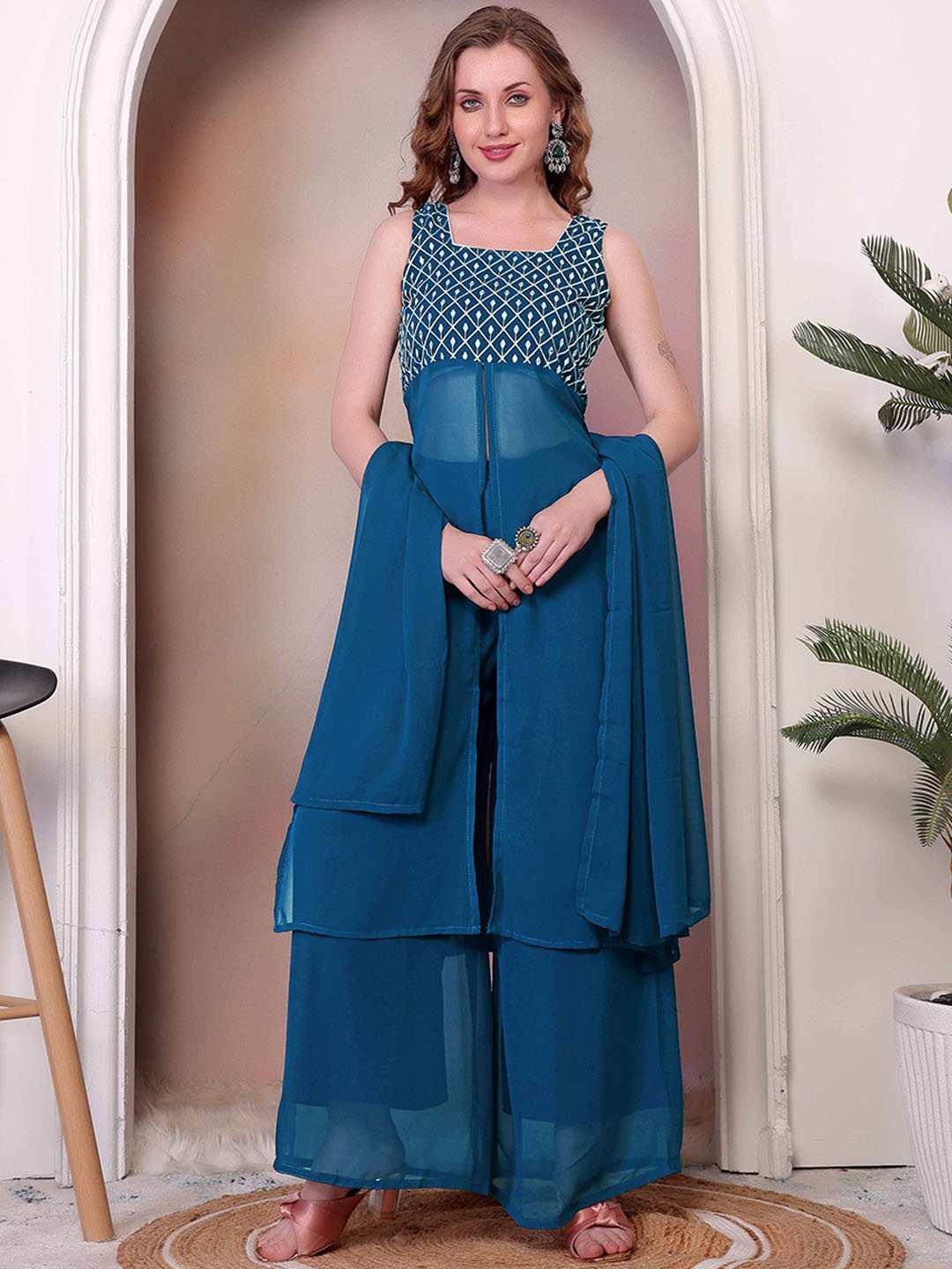 

Ethnic 3 You Floral Yoke Design Empire Sequinned Pure Cotton Kurta With Palazzo & Dupatta, Teal