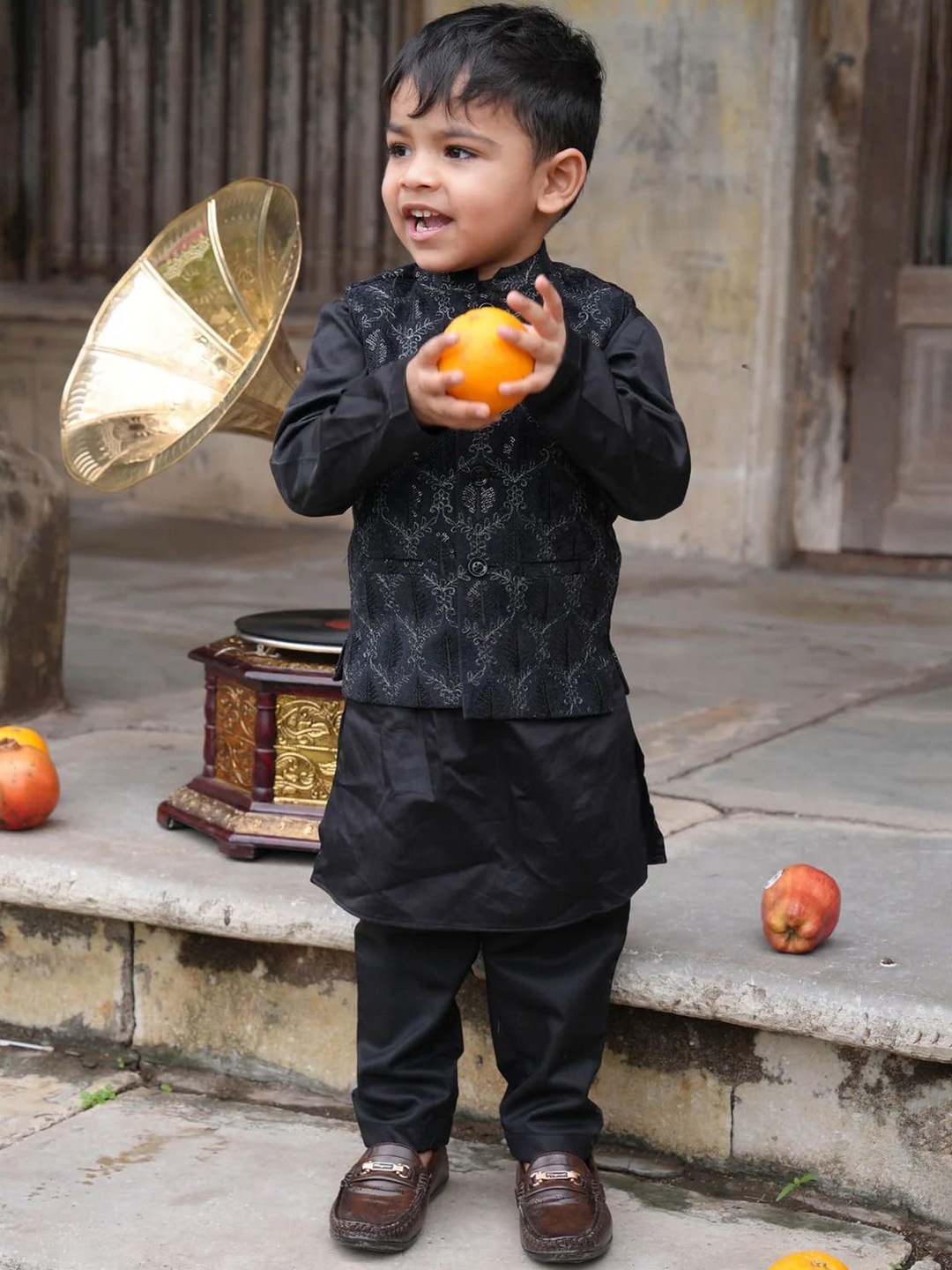 

Funny Bones Clothings Boys Embroidered Mandarin Collar Kurta With Pyjama & Nehru jacket, Black