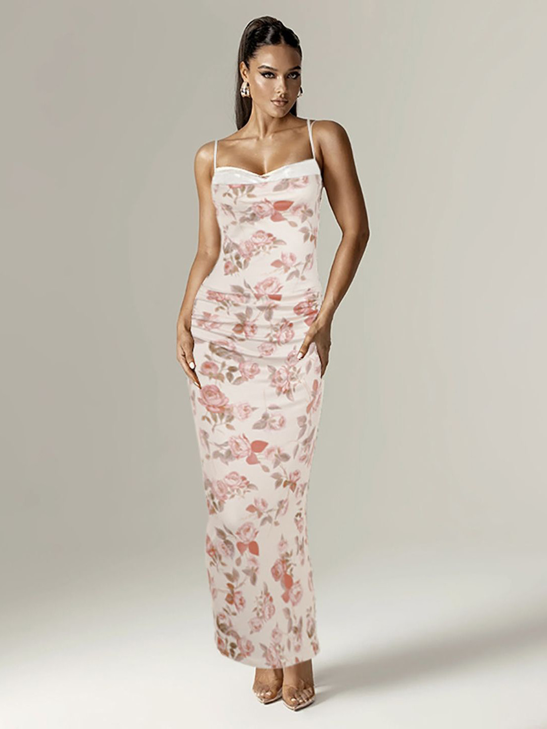 

StyleCast x Revolte Women Floral Printed Bodycon Maxi Dress, Beige