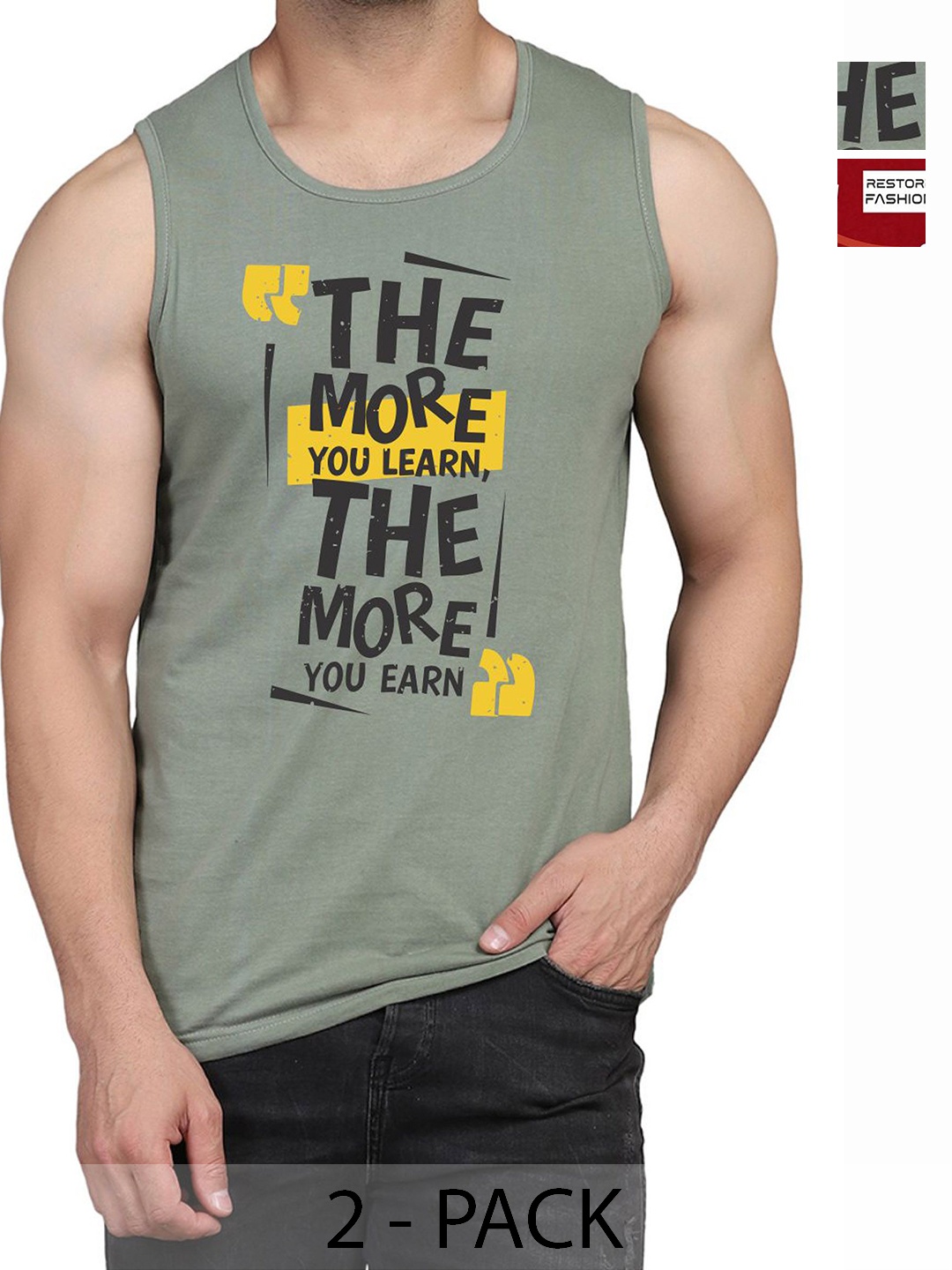 

WOOSTRO Men Pack Of 2 Typography Printed Round Neck Cotton Slim Fit T-shirts, Green