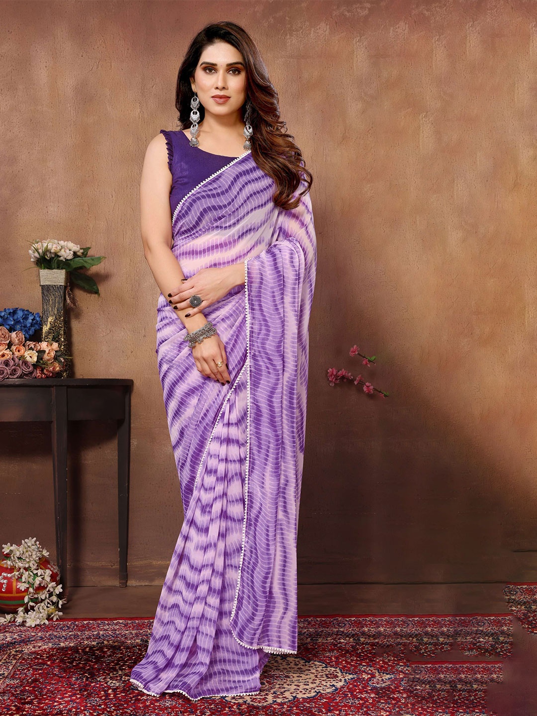 

bansari textiles Striped Embroidered Pure Silk Ready to Wear Saree, Purple