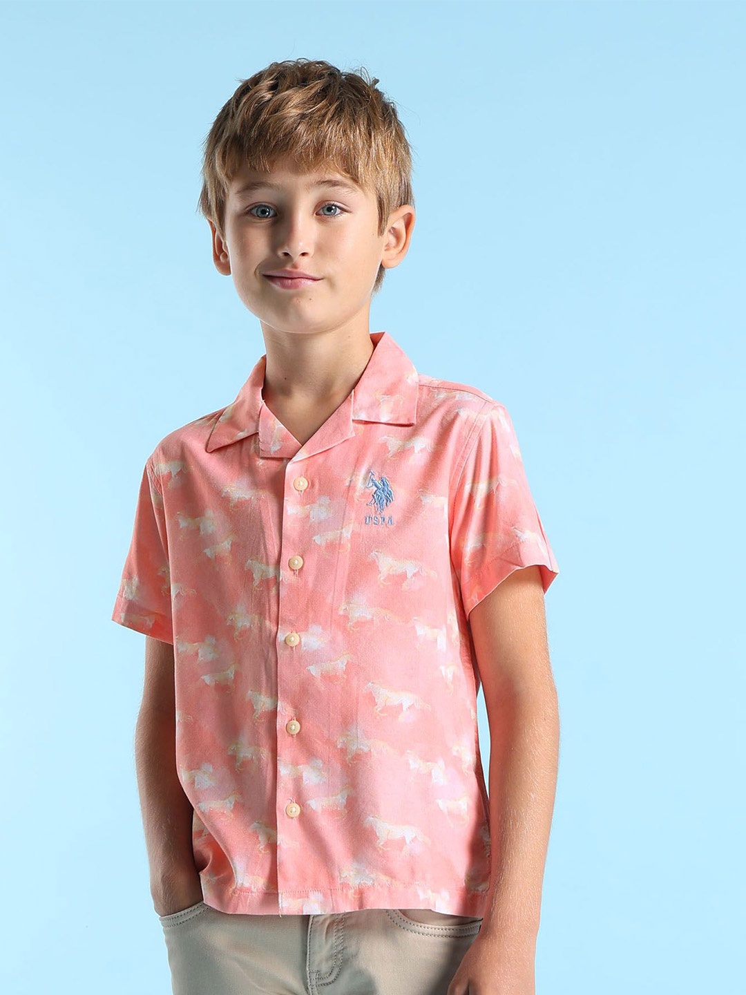 

U.S. Polo Assn. Kids Boys Relaxed Boxy Opaque Printed Casual Shirt, Pink