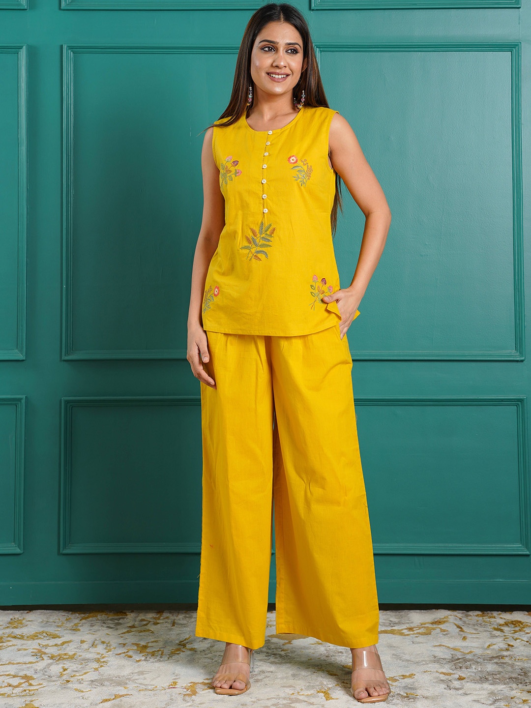 

CRAFTED FOR YOU Thread Work Round Neck Pure Cotton Top And Palazzos, Yellow