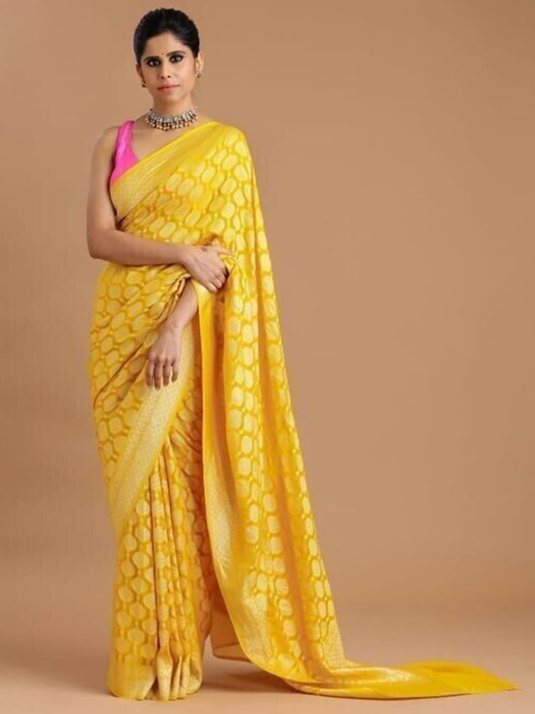 

bansari textiles Woven Design Zari Kanjeevaram Saree, Yellow