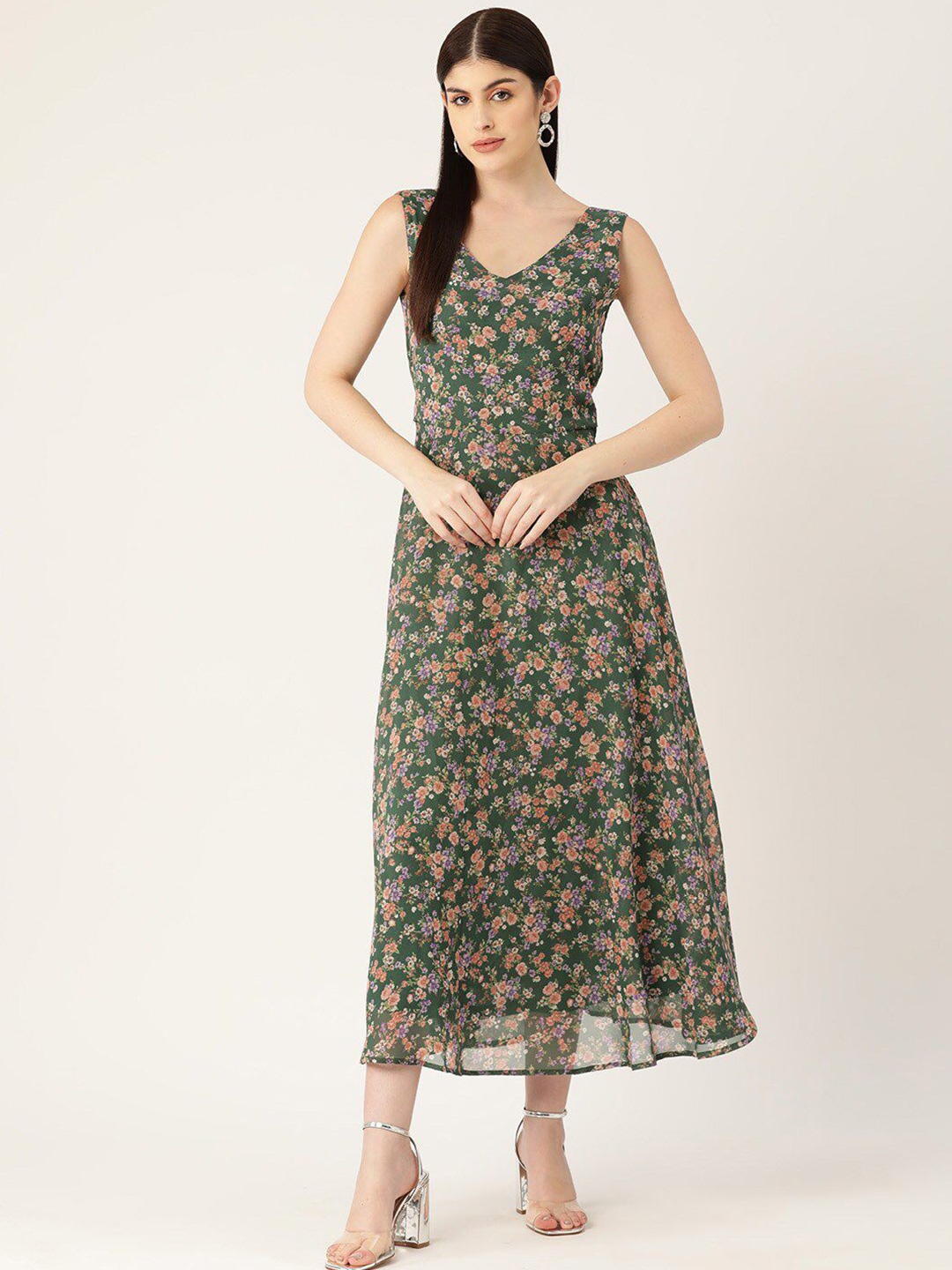 

DressBerry Floral Print Georgette Maxi Dress, Green