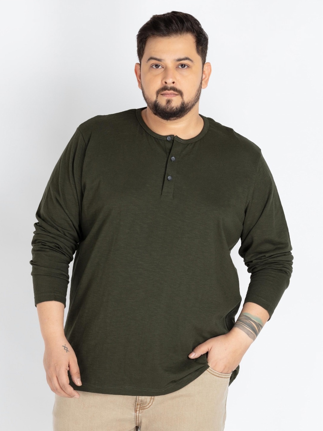 

UNSIZED Men Plus Size Solid Henley Neck Cotton T-shirt, Olive