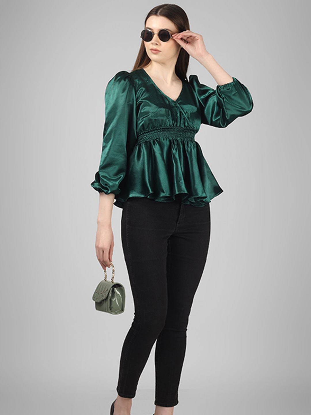 

UNLOKALE Women V-Neck Puff Sleeve Peplum Top, Green